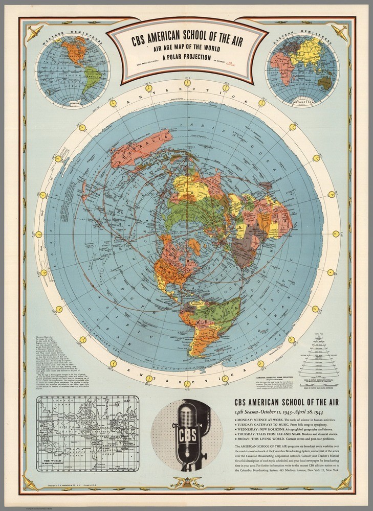 Flat Earth Map - CBS American School of the Air World Map : Art Print 1944