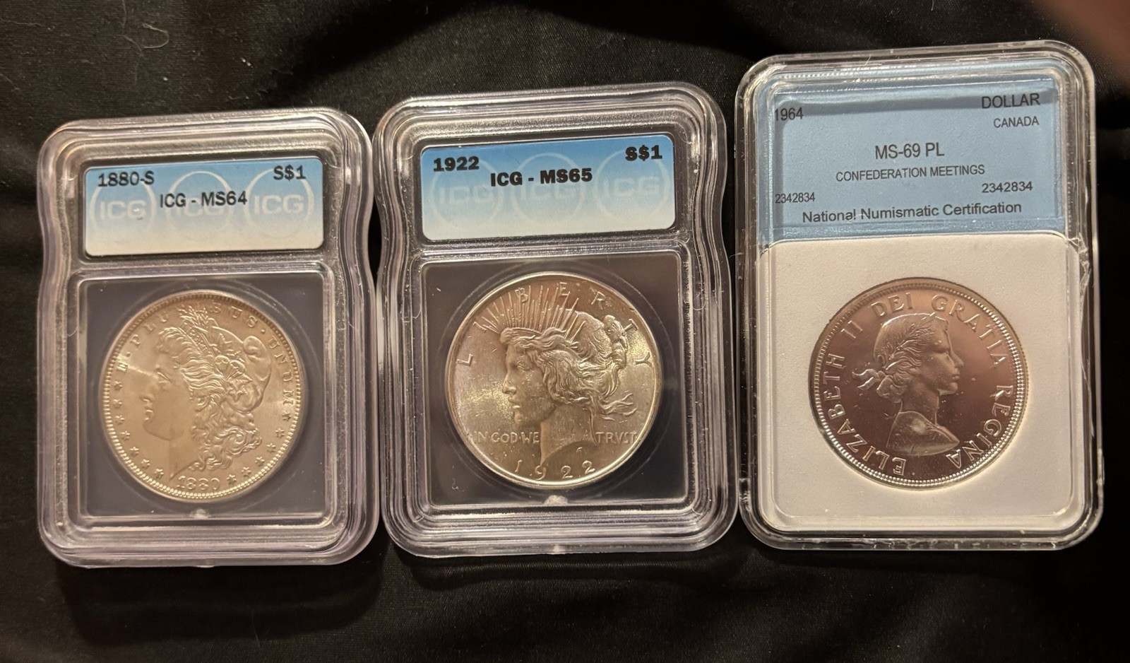3 Coin Lot: 1880-S Morgan ICG MS64, 1922 Peace ICG MS65, 1964 Canada$1 MS-69 PL 3 Coin Lot: 1880-S Morgan ICG MS64, 1922 Peace ICG MS65, 1964 Canada$1 MS-69 PL
