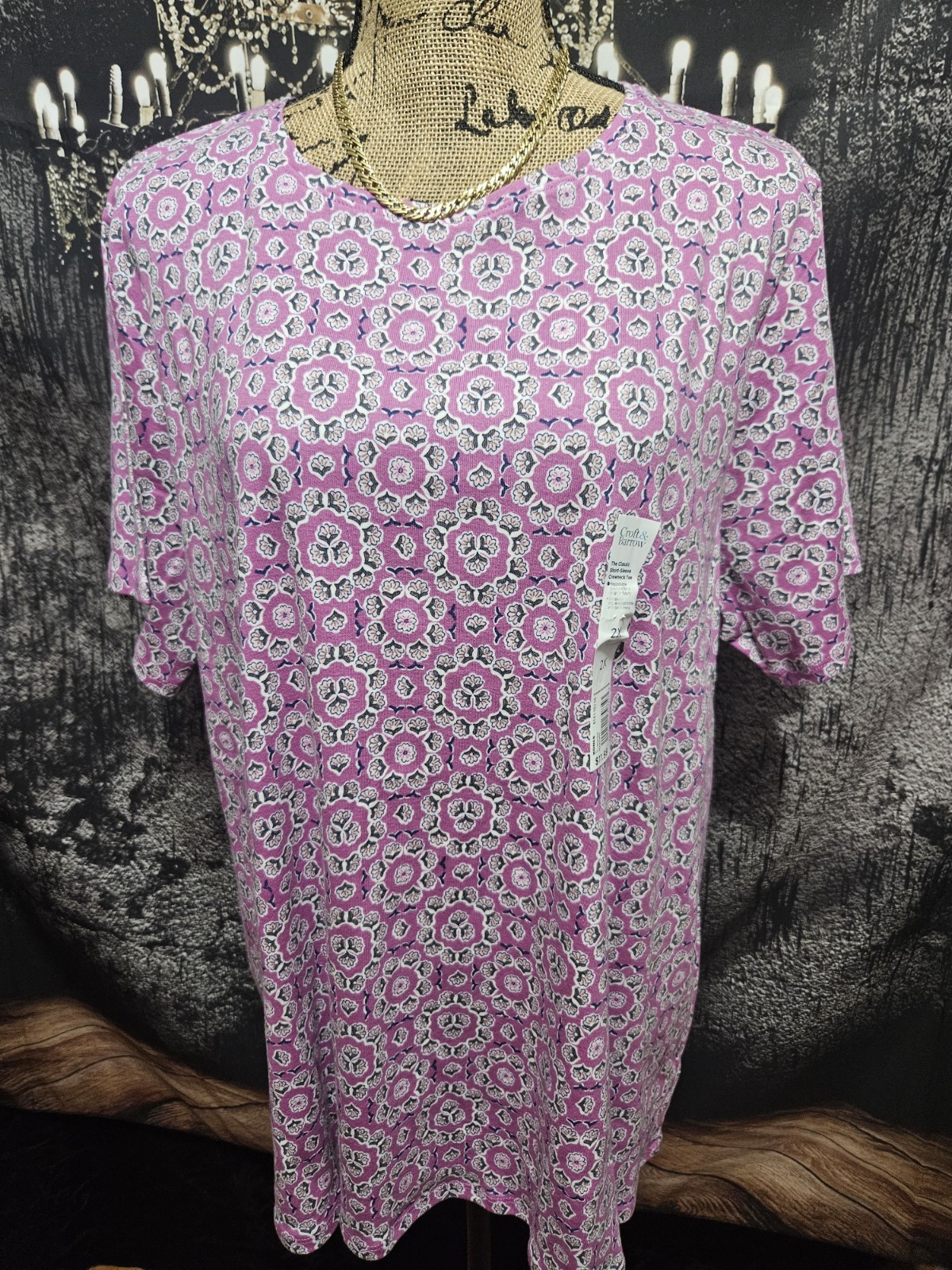 CROFT & BARROW, WOMEN\'S NEW ORCHID/PINK COTTON SHORT SLEEVED FLORAL TEE, SIZE 2X