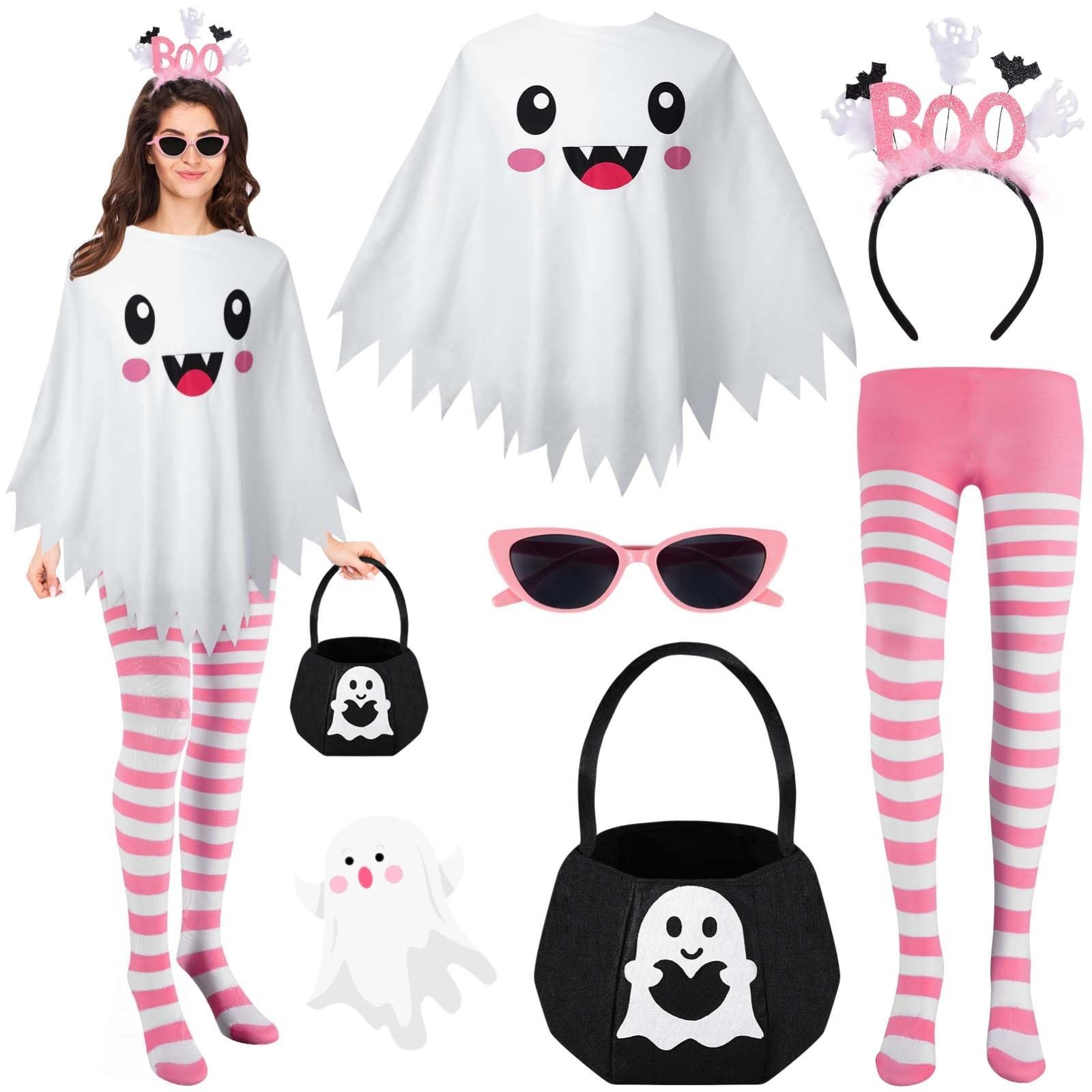5 Pcs Women\'s Ghost Costume Accessories Kit - Headband, Sunglasses, Poncho, Cand