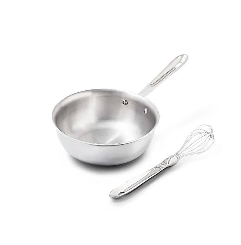Auth New All-Clad D3 Stainless 2 Qt Saucier With Whisk 3-Ply Bonded Cookware