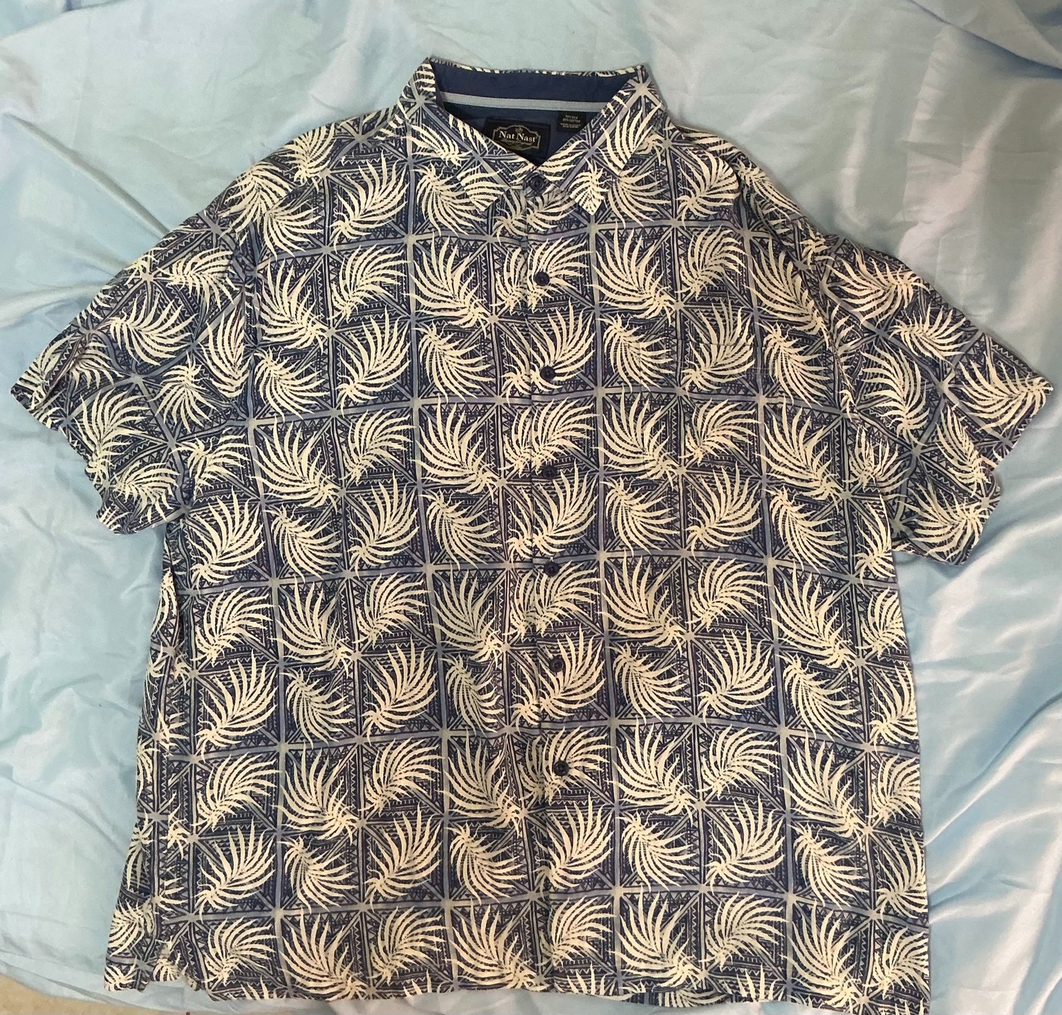 Nat Nast Luxury Originals XXL Hawaiian Shirt 70% Silk Cotton Blue Polynesian Pal