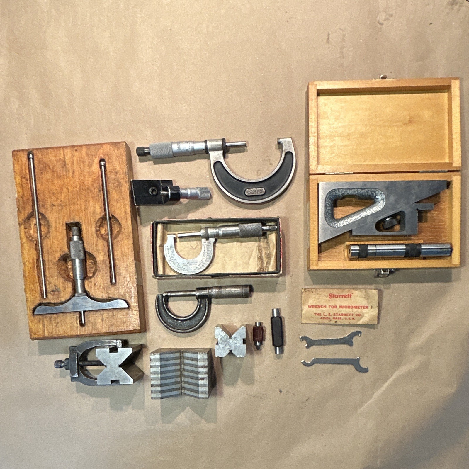 Vintage Starrett Machinist Micrometers & Planer Gage Lot Precision Tools V-Block