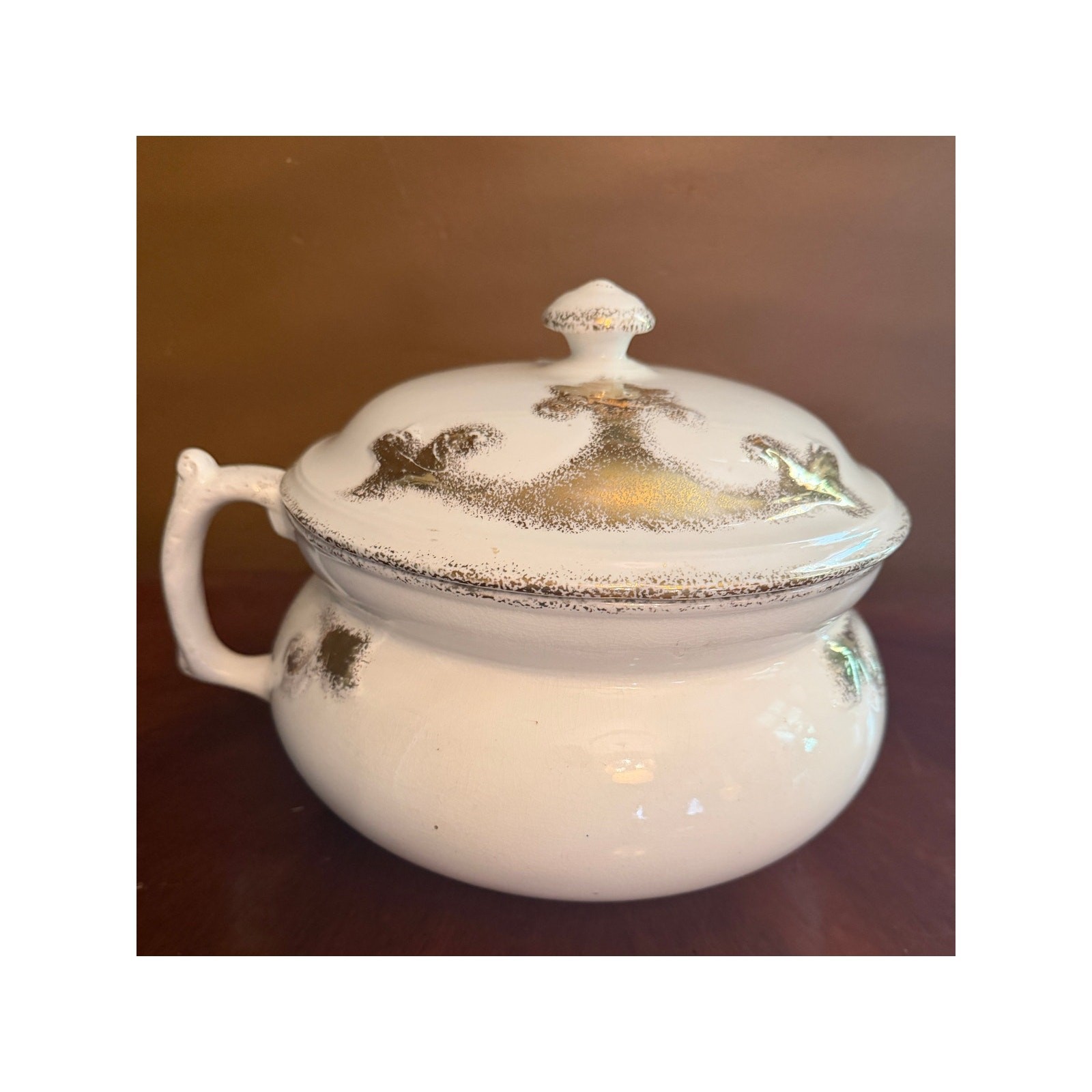 Antique 1880s English Ironstone Covered Chamber Pot Cumberlidge Humphreys Gilt