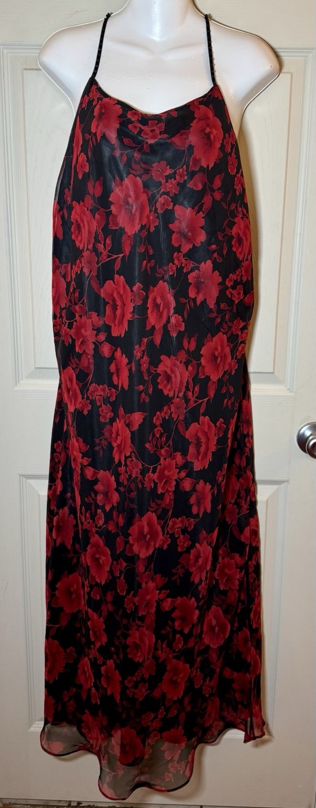 Vintage  Valerie Stevens 90s Low Back, Black and Red sexy Floral Slip Dress Larg