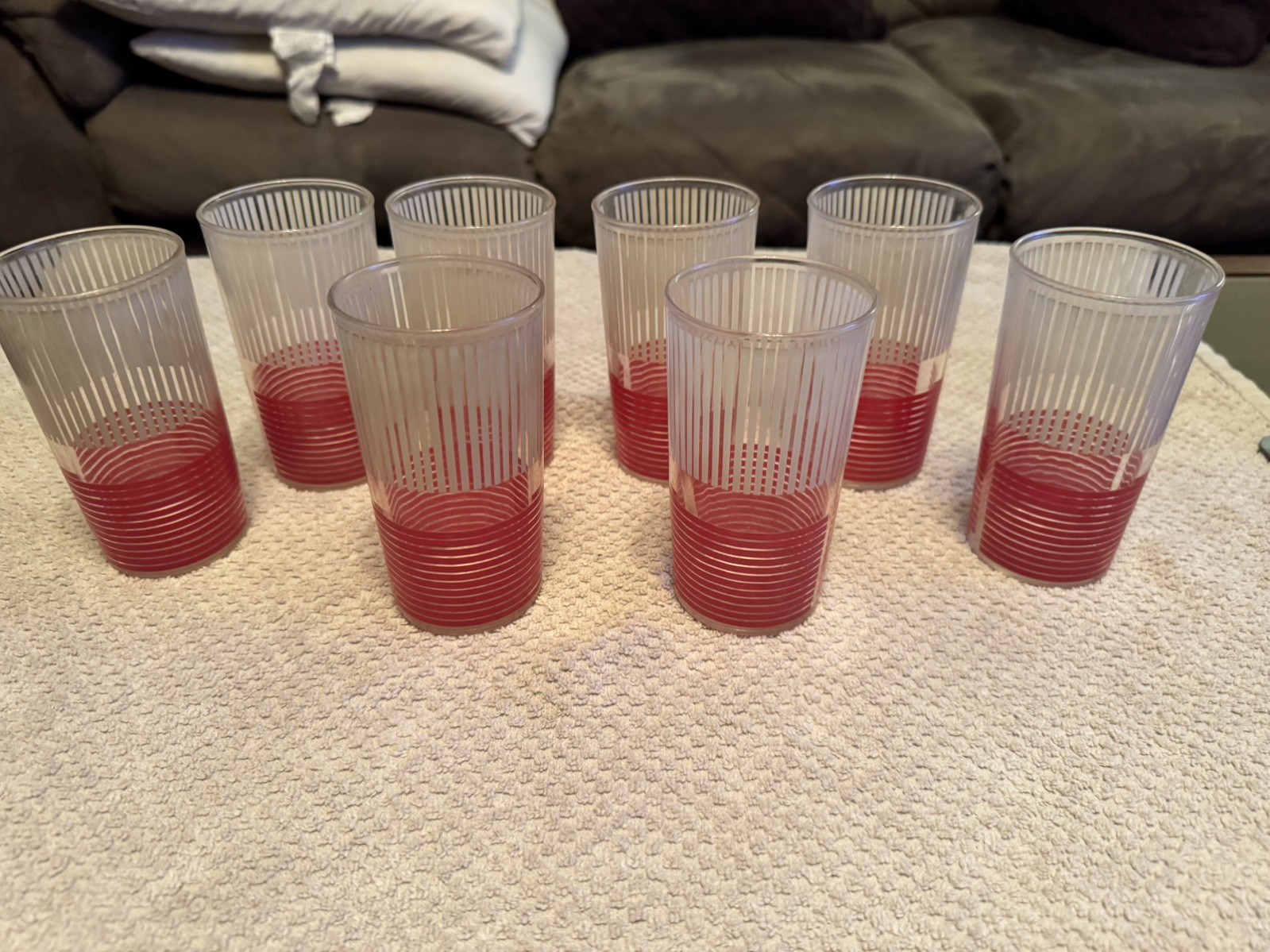 Rare Vintage Red and White Stripe Bar Glasses Set of 8 Art Deco