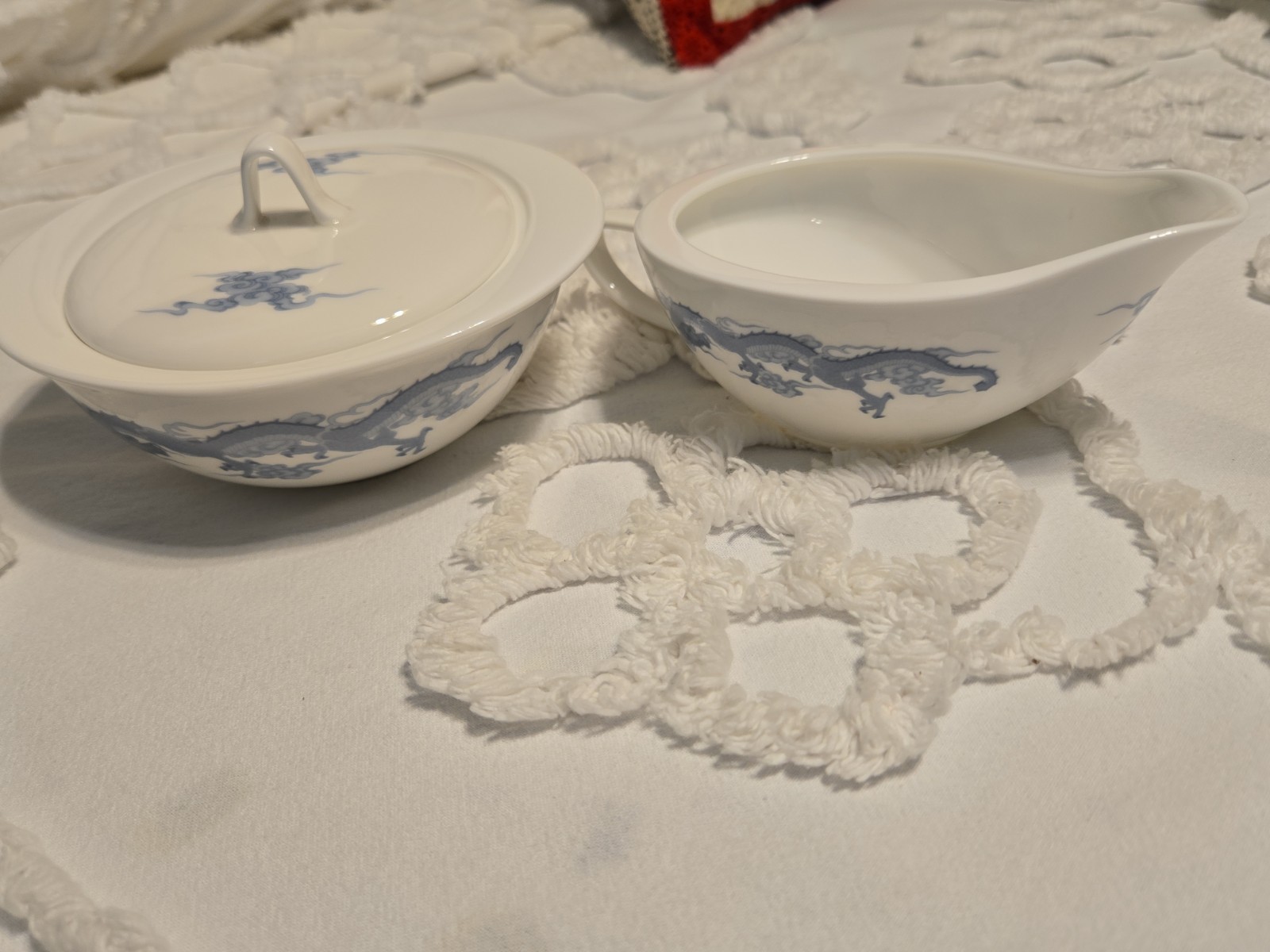 Imperial FUKAGAWA Blue & White Asian Dragon Sugar , Lid & Creamer Rare Imperial FUKAGAWA Blue & White Asian Dragon Sugar , Lid & Creamer Rare