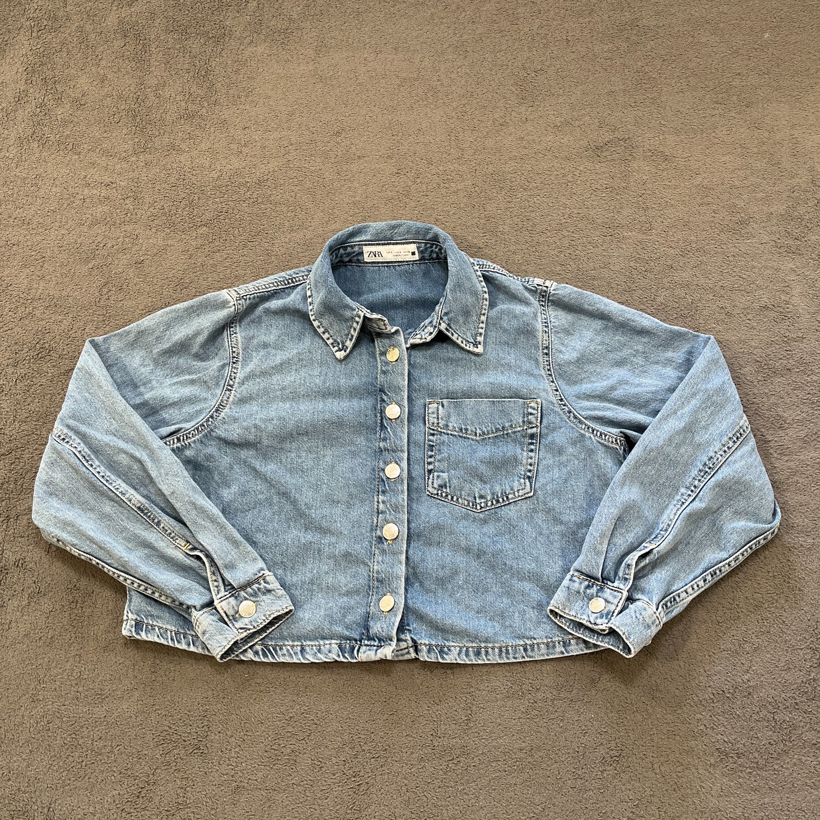 Zara Blue Light Wash Cropped Denim Button Down Trucker Jacket Women\'s Size Small
