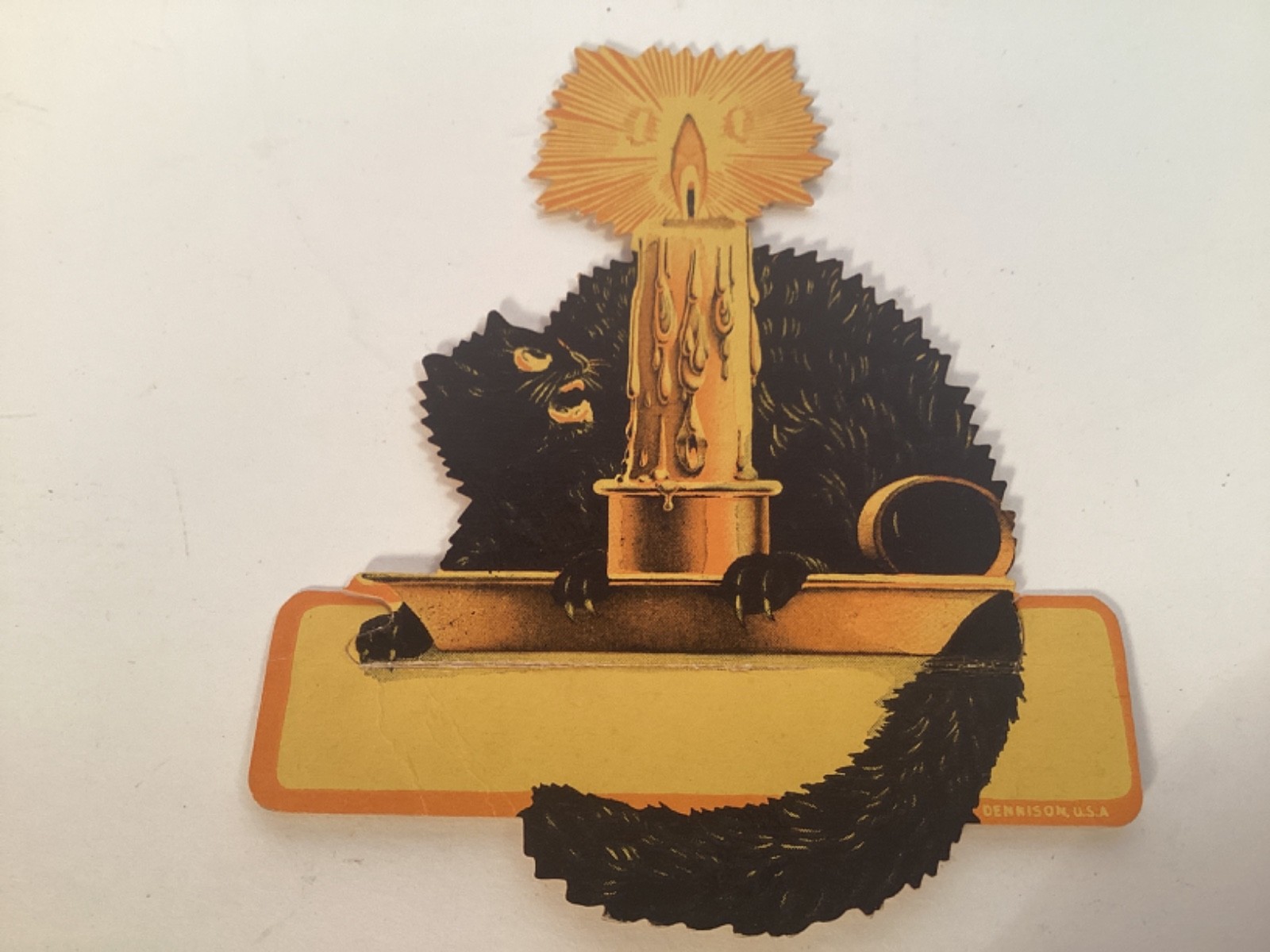 VINTAGE HALLOWEEN DENNISON CAT CANDLESTICK WITH FACES PLACE CARD NOT WRITTEN ON