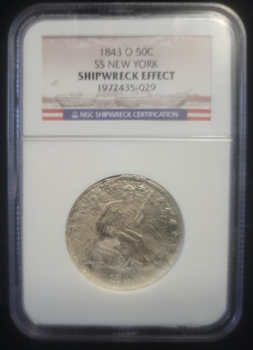 1843 O Seated Liberty Silver Half Dollar 50C NGC Shipwreck Effect | SS New York 1843 O Seated Liberty Silver Half Dollar 50C NGC Shipwreck Effect | SS New York