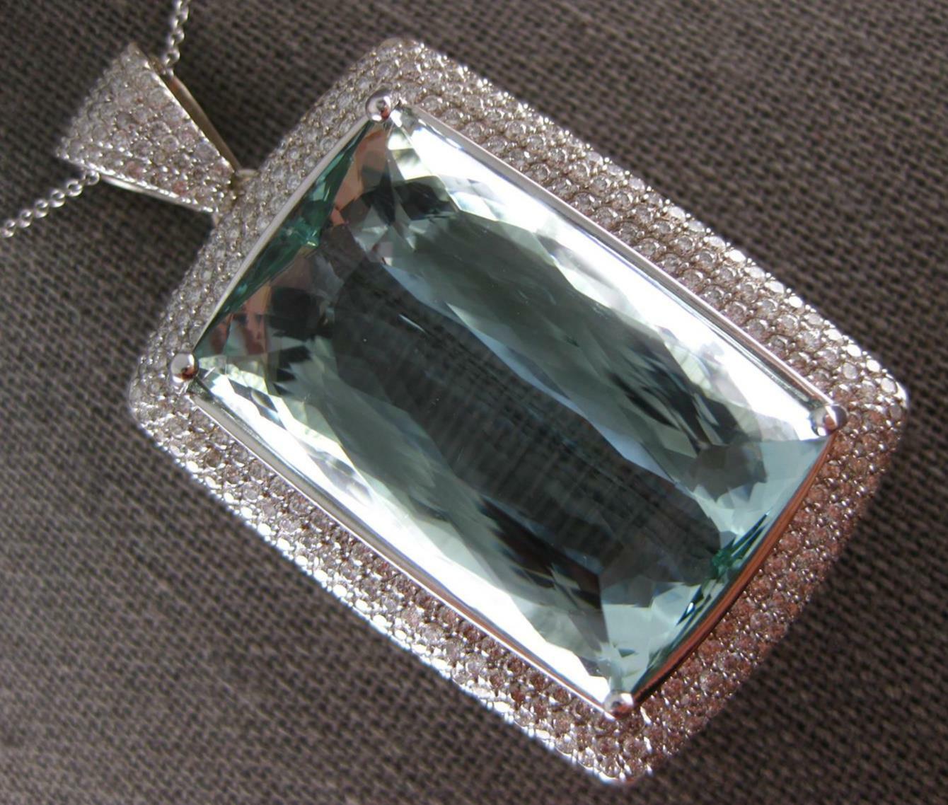ESTATE MASSIVE 65CT DIAMOND & AAA AQUAMARINE 14KT WHITE GOLD EMERALD CUT PENDANT