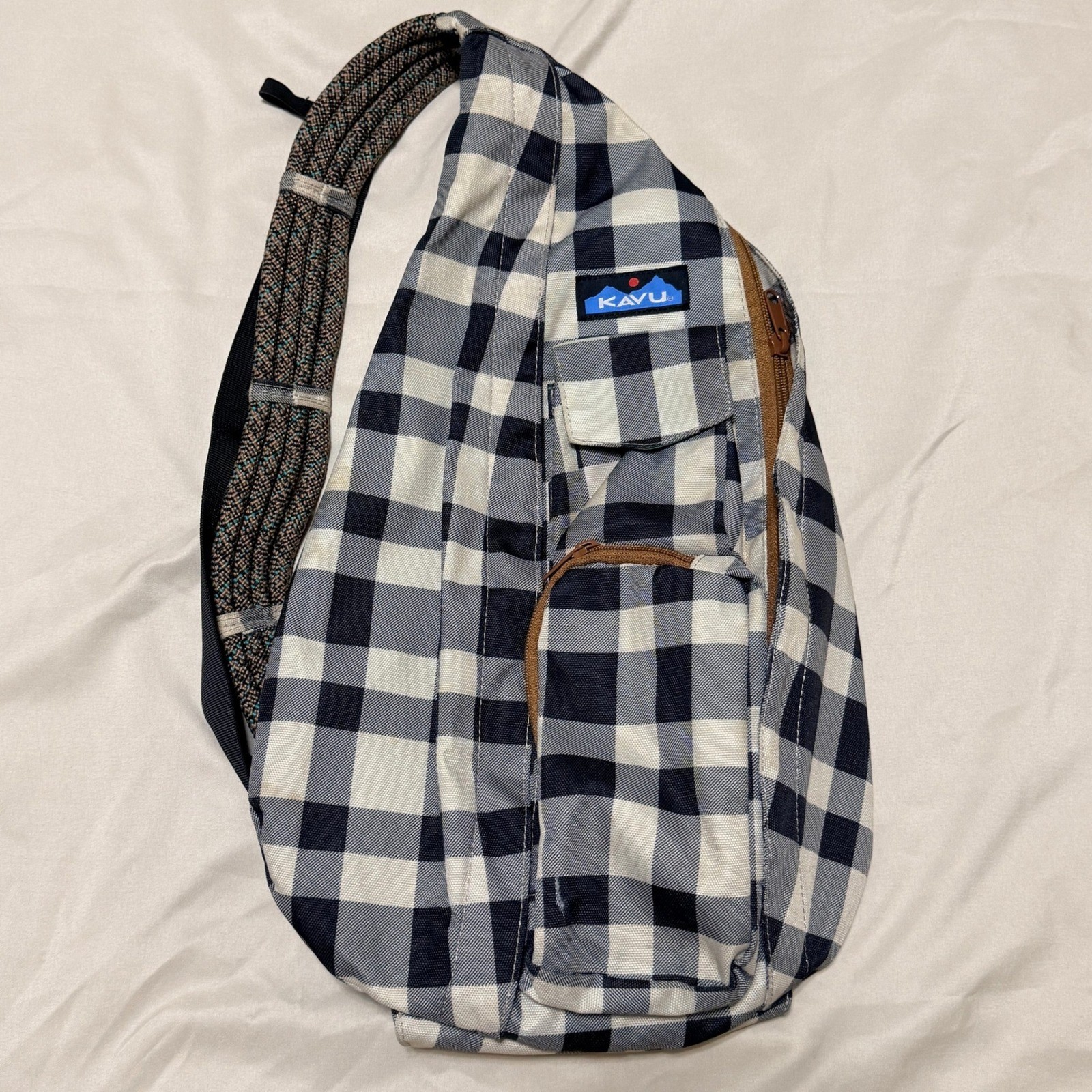 KAVU Rope Bag Sling Backpack Navy White Buffalo Plaid Check Canvas Hiking