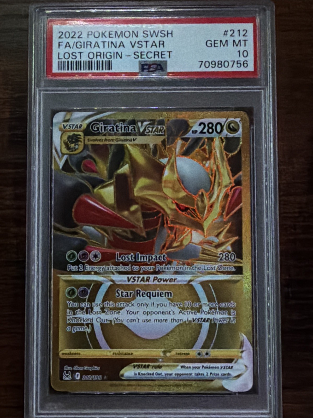 Pokemon Giratina VSTAR 212/196 Gold Secret Rare Full Art Lost Origin PSA 10 2022