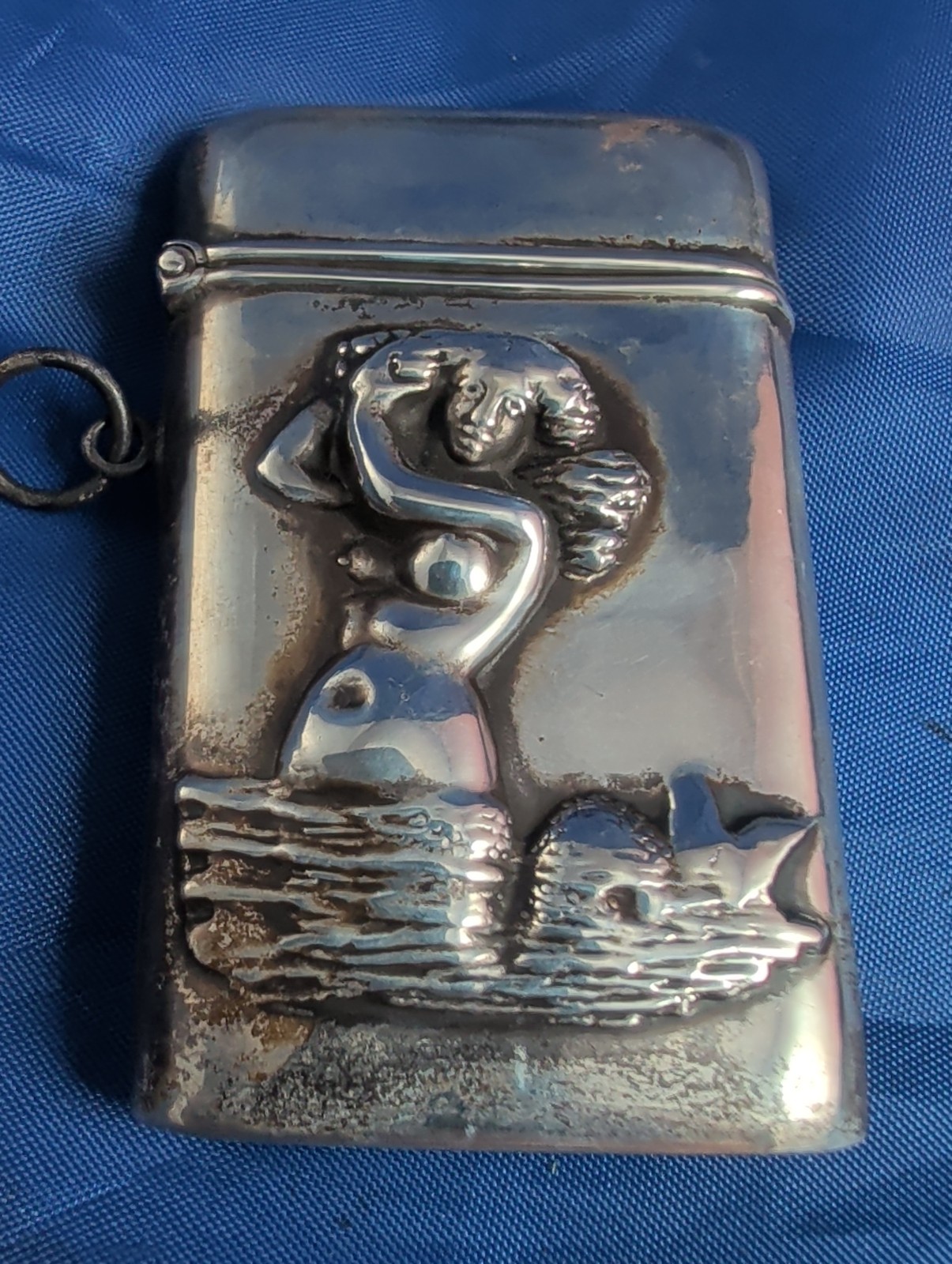 Vintage Sterling Silver Mermaid Match Vesta Matchstick Safe Case Holder Repousse