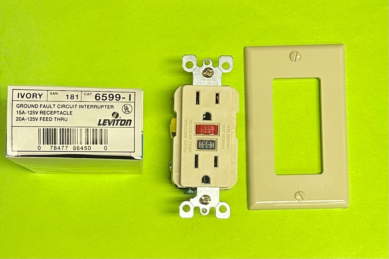 LEVITON 6599-I GFI GFCI 15A-125V RECPEPTACLE OUTLET IVORY LEVITON 6599-I GFI GFCI 15A-125V RECPEPTACLE OUTLET IVORY
