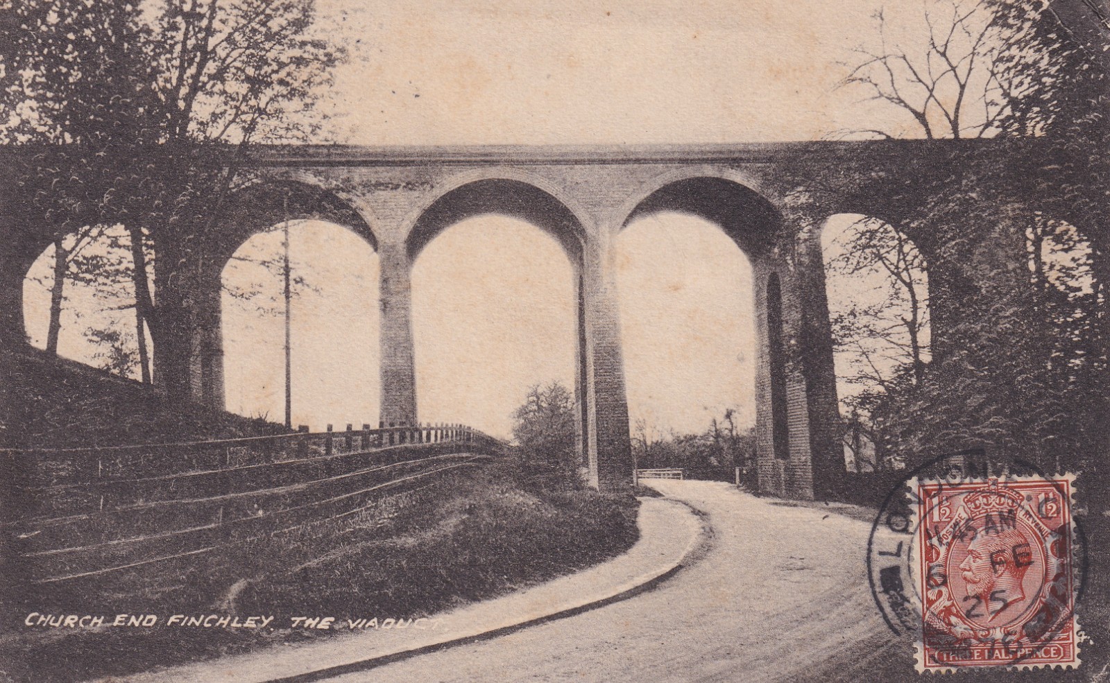 GB GV 1925 GV 1½d on superb postcard (Church End Finchley – The Viaduct) tied by