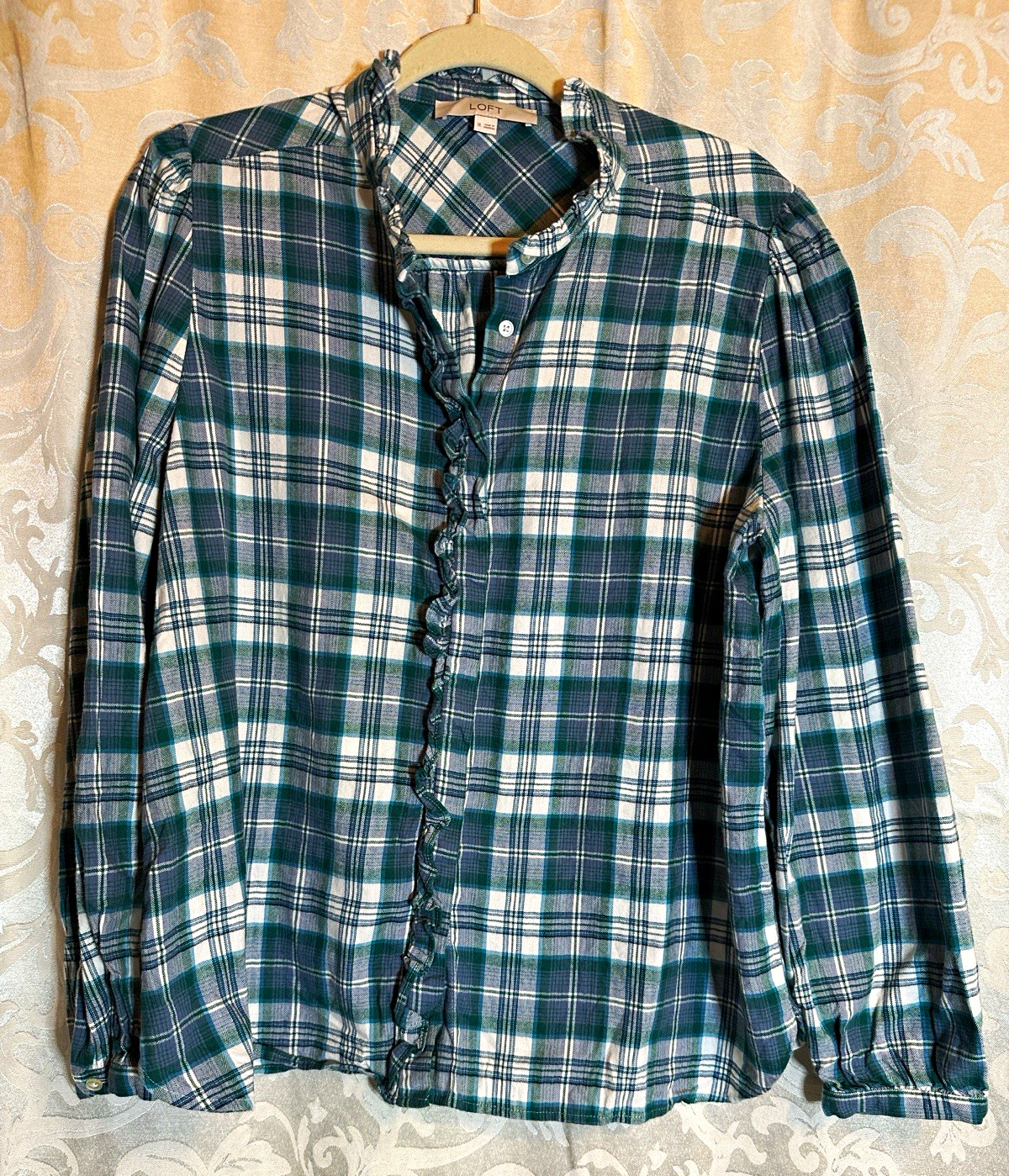 LOFT Women’s XL Green Blue White Plaid Woven Cotton Ruffle Button-Up Blouse