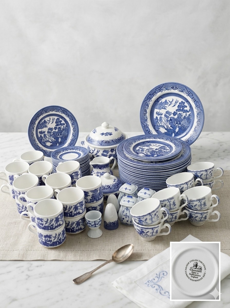 Vint. Churchill Blue Willow China Dinnerware  84 Pc Staffordshire England, Mint