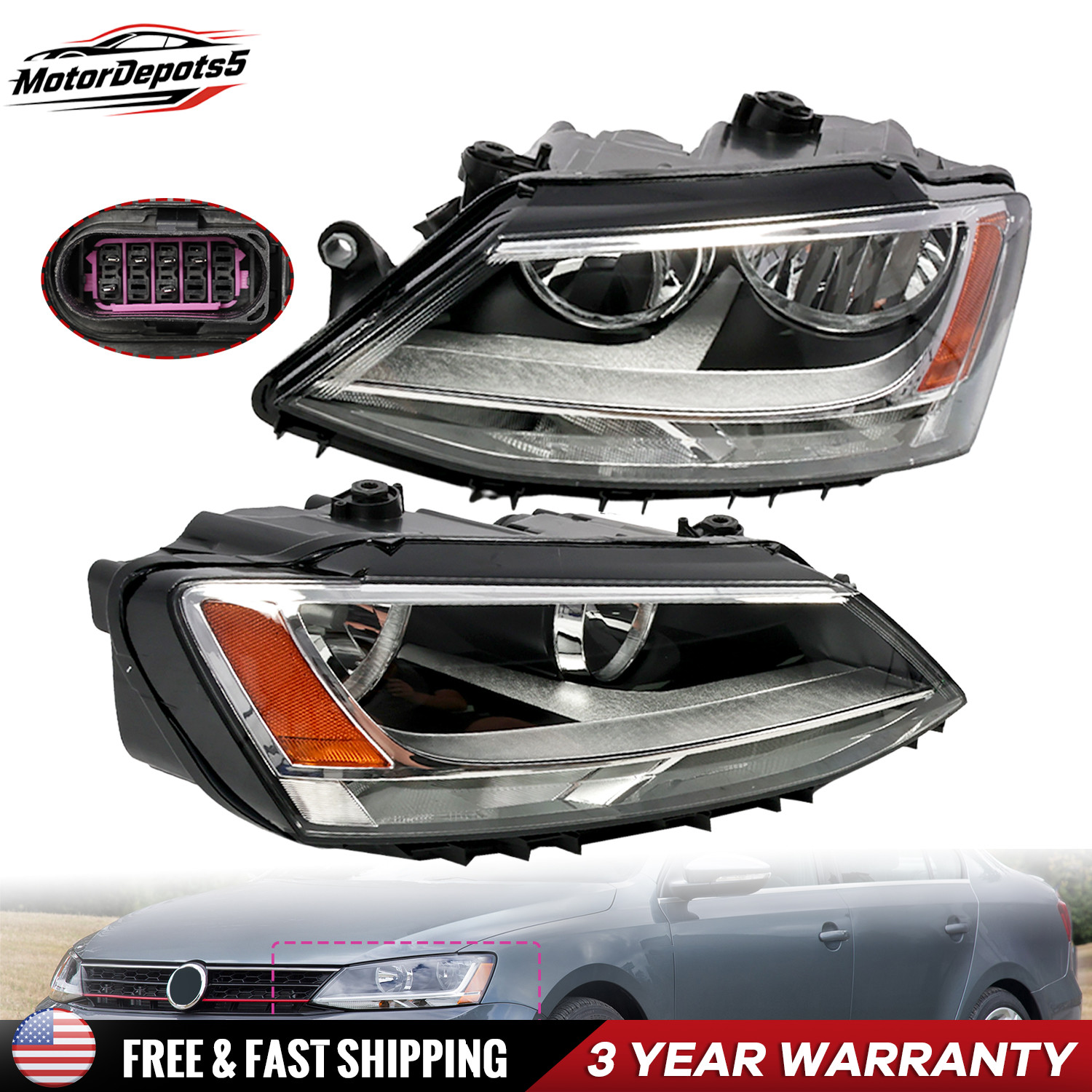Front Headlights Assembly Pair For 2011-18 Volkswagen Jetta Halogen Chrome Amber