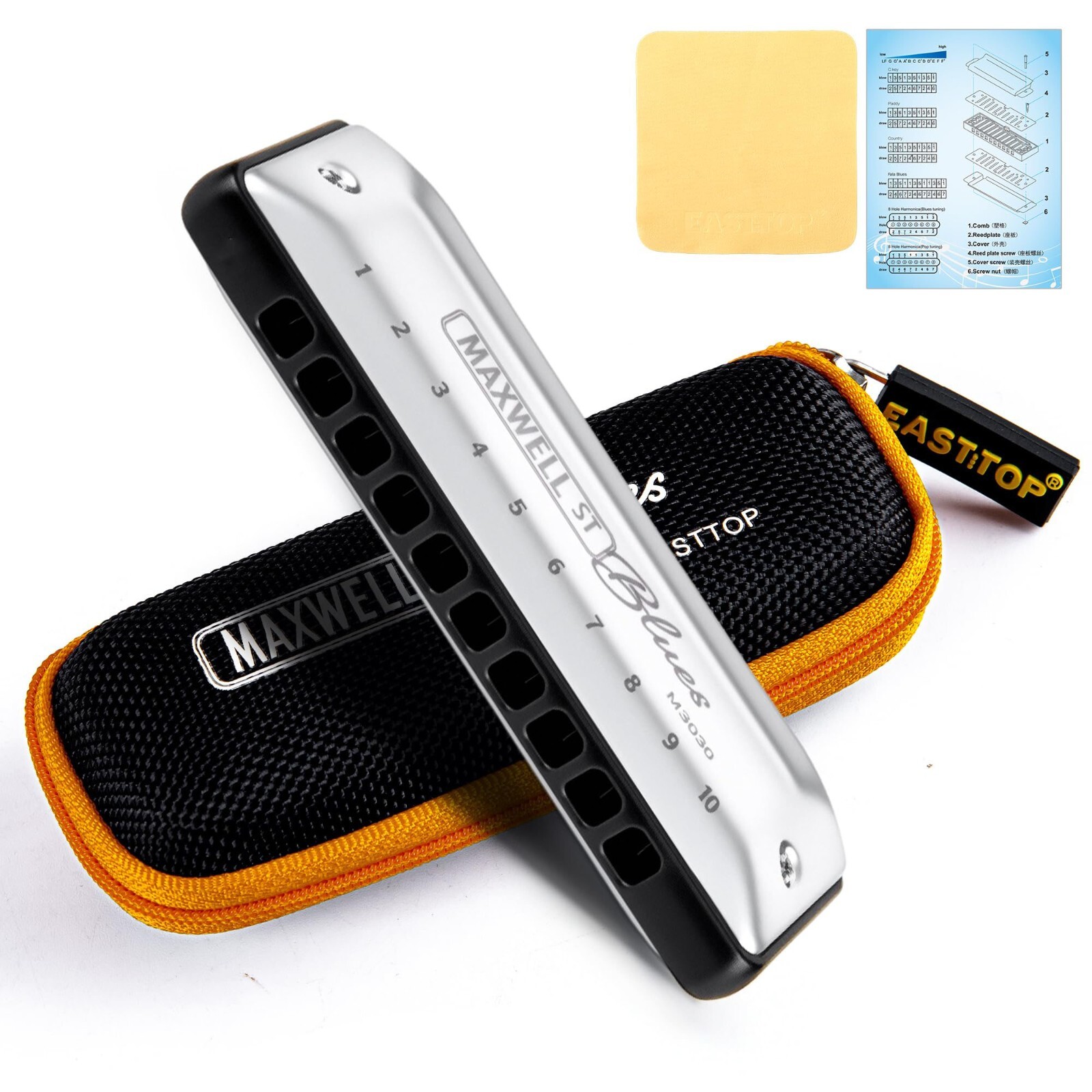 EASTTOP MAXWELL ST Blues Harmonica A/Bb/C/D/G/E/F 10Holes Blues Harp Mouth Organ