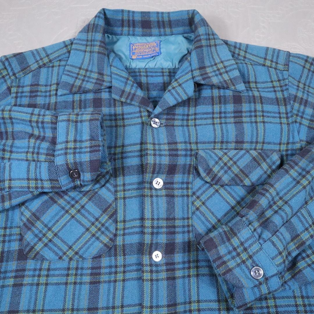 VTG Pendleton Loop Collar Wool Flannel Shirt Mens Medium Blue Plaid USA Board