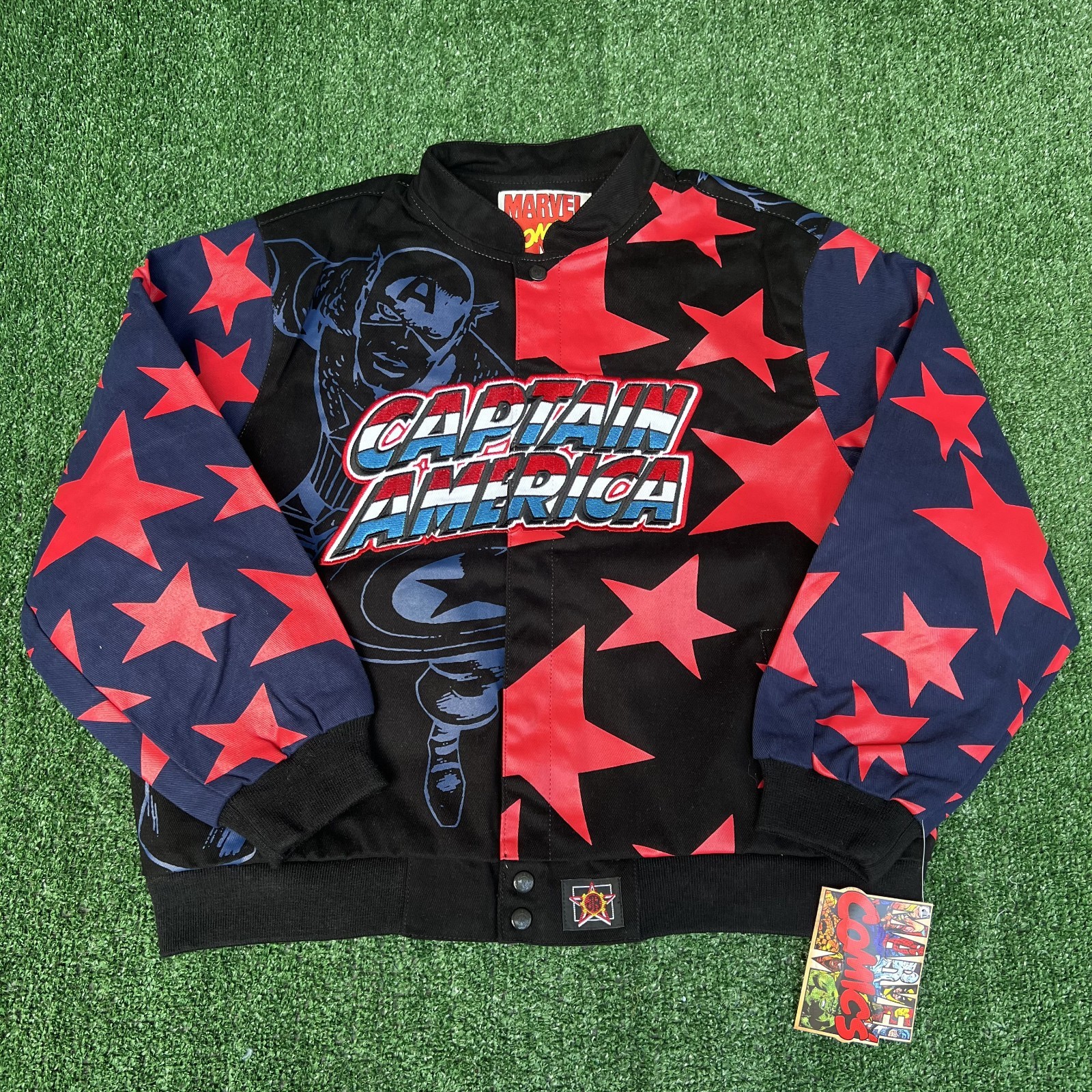 NWT VTG JH Design Captain America Jacket Youth 2XL Men S Crop Boxy Marvel Racing NWT VTG JH Design Captain America Jacket Youth 2XL Men S Crop Boxy Marvel Racing
