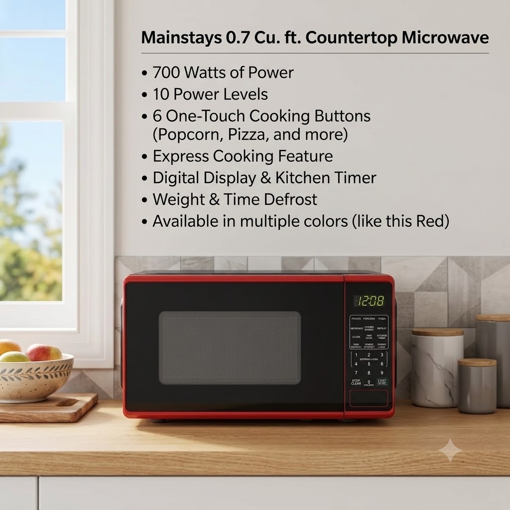Mainstays Countertop Microwave Oven 0.7 cu ft 700W - Red
