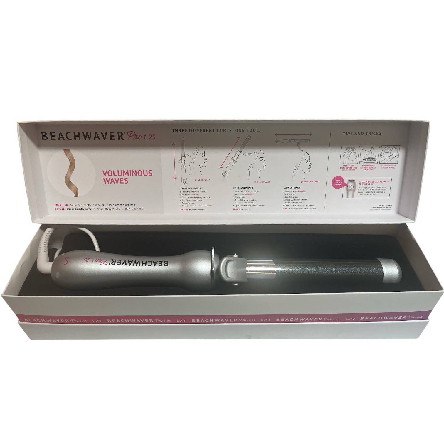 Beachwaver Pro S 1.25 Ceramic Rotating Curling Iron 1.25” Barrel Silver