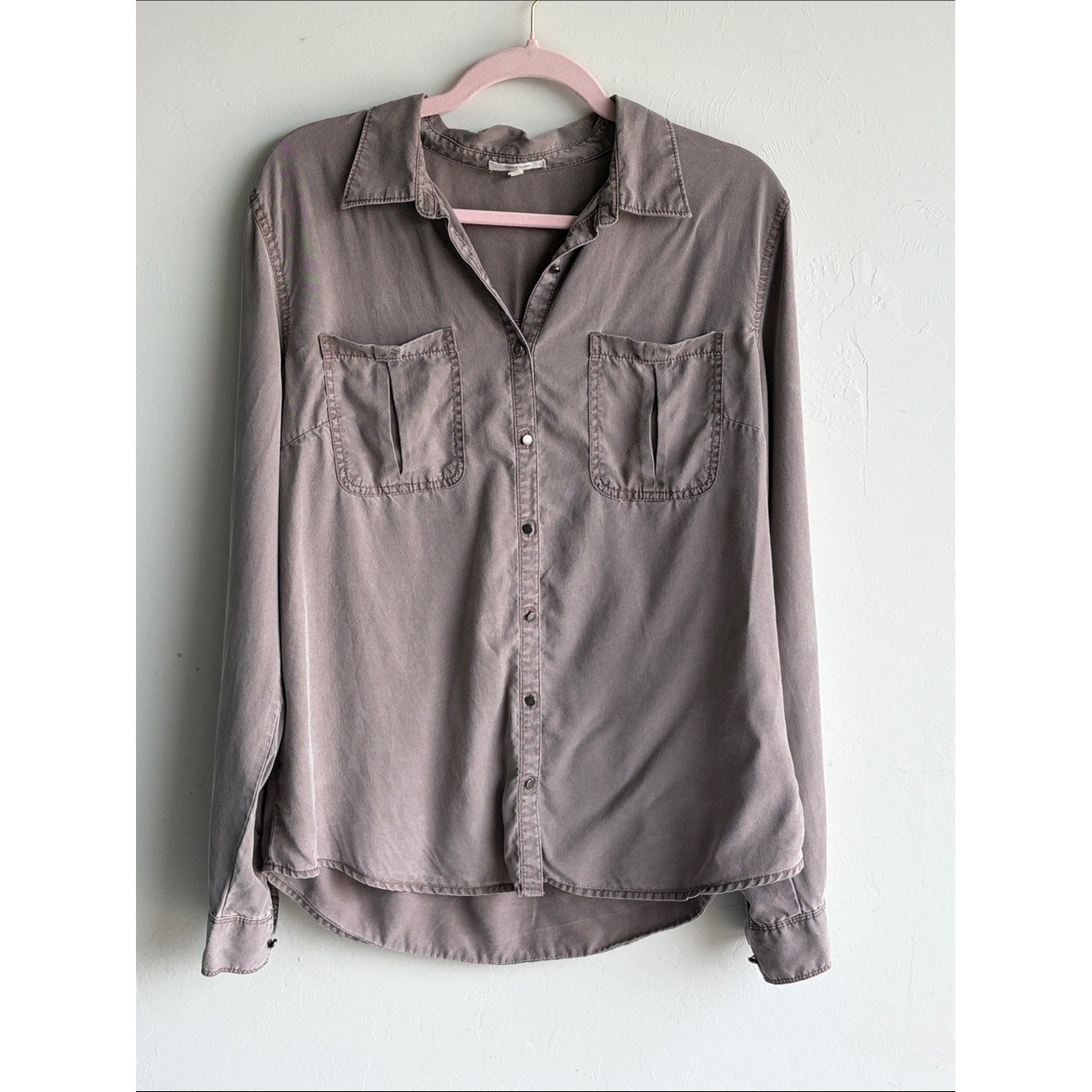 Maurices Women\'s Large Taupe Utility Button Down Shirt Long Sleeve Pockets Maurices Women\'s Large Taupe Utility Button Down Shirt Long Sleeve Pockets