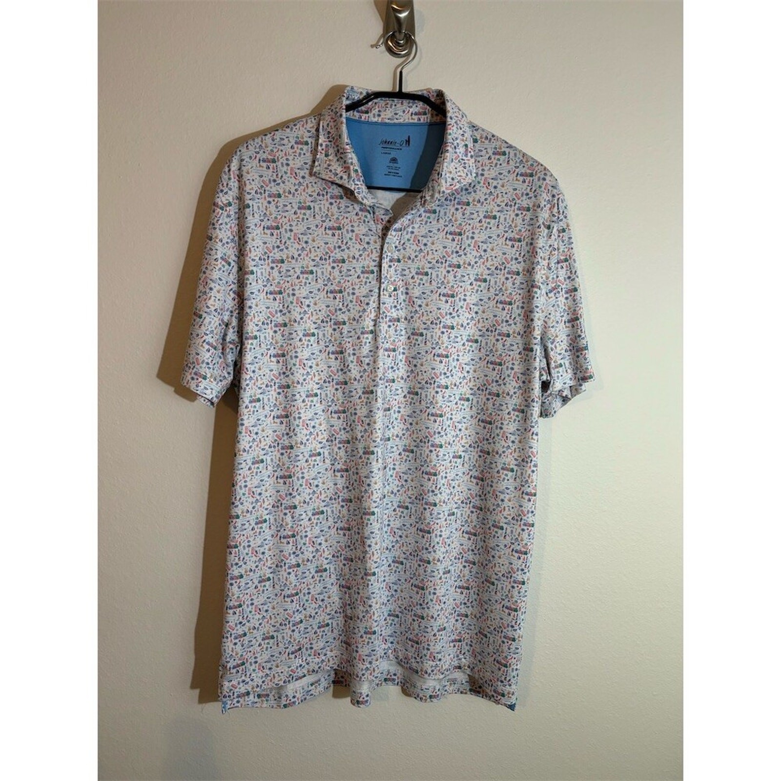 Johnnie-O Golf Polo Shirt Men\'s L Multicolor Sweet Carolinas Print UPF 50