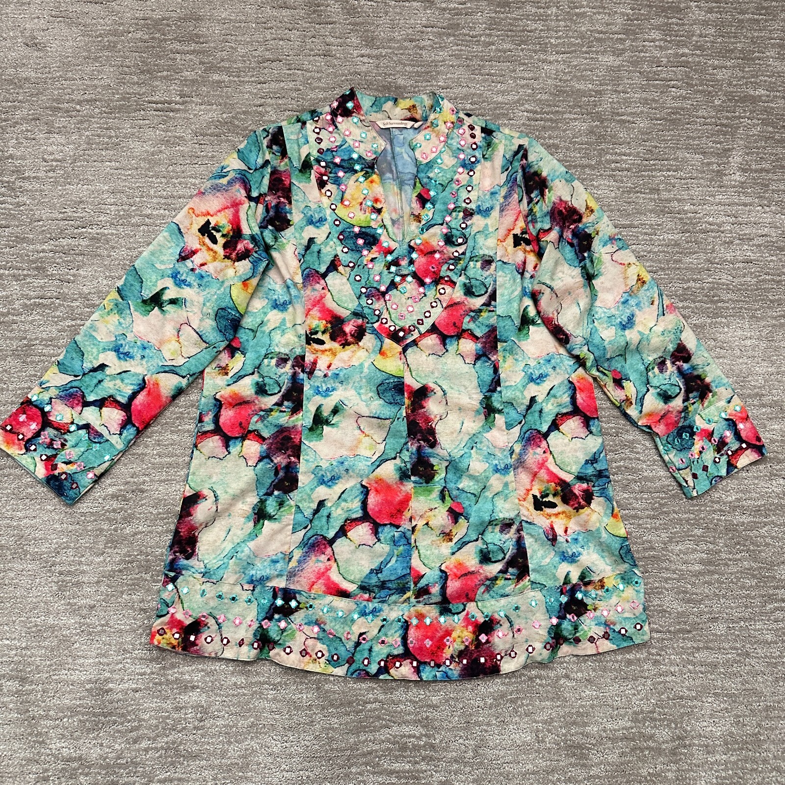 Soft Surroundings Top Womens Large Watercolor Floral Tunic Kurti Embellished Soft Surroundings Top Womens Large Watercolor Floral Tunic Kurti Embellished