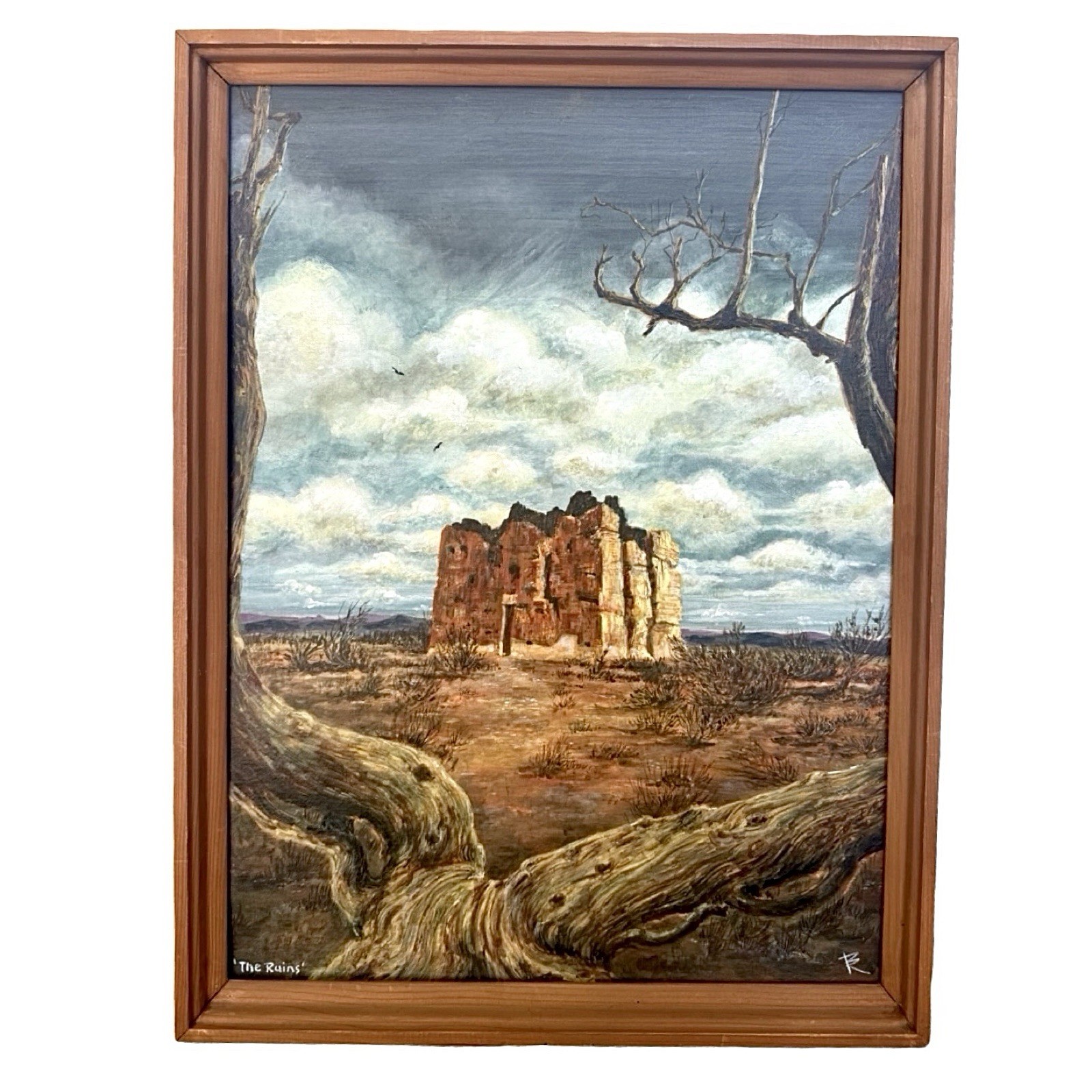 Vintage Oil Painting “The Ruins” Desert Landscape Rustic Wood Framed Signed