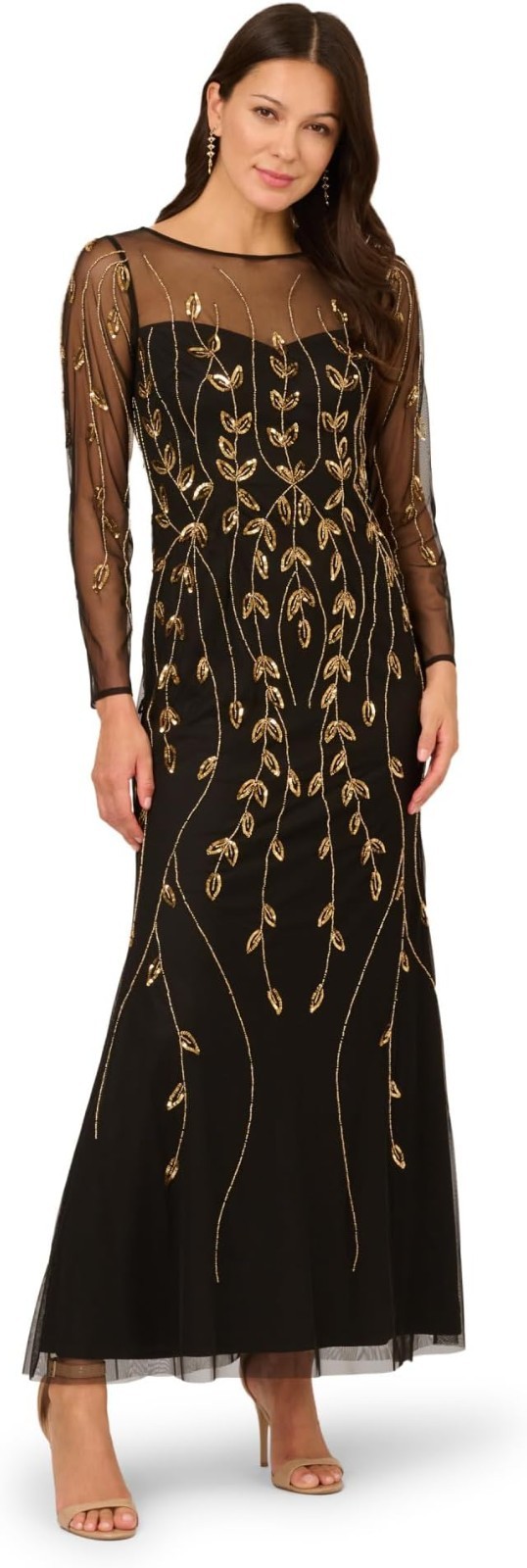 Papell Studio Black Gold Beaded Sequin Long-Sleeve Mesh Dress Size 10P $309