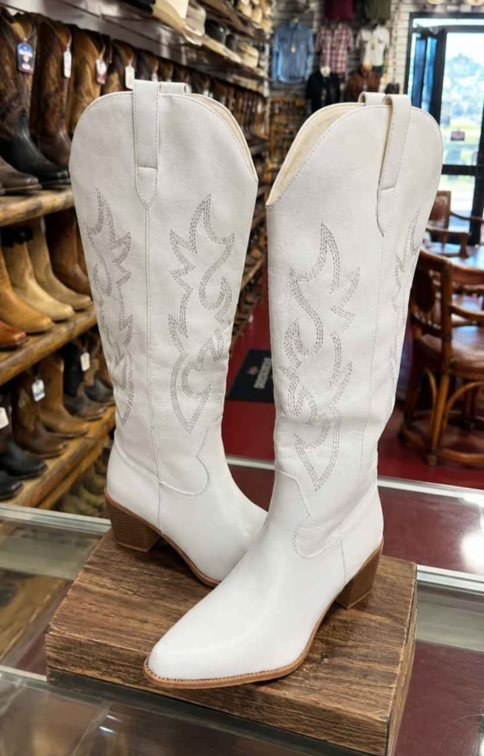 White Western Cowgirl Boots Tall Shaft Pull-On Embroidered Stitching US Size 12
