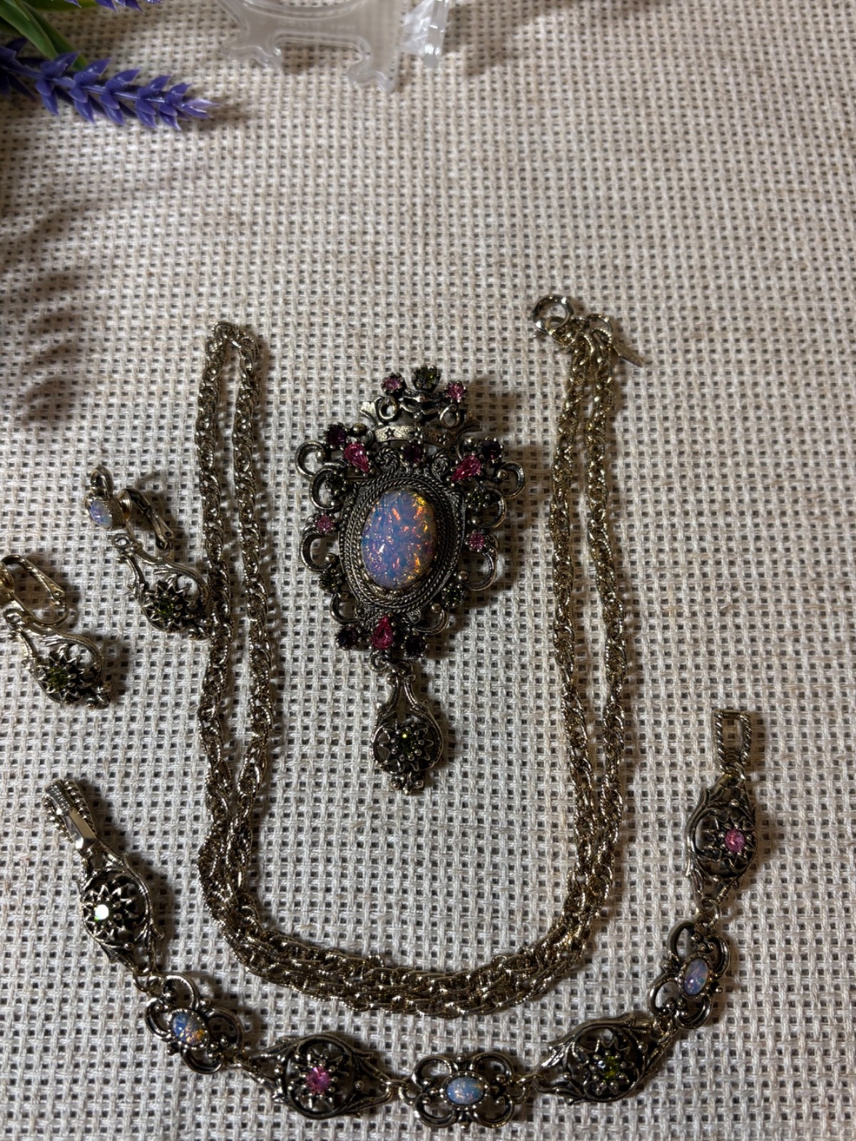 Vintage Sarah Coventry set Contessa Faux Opal Brooch Earrings Bracelet Chain Vintage Sarah Coventry set Contessa Faux Opal Brooch Earrings Bracelet Chain