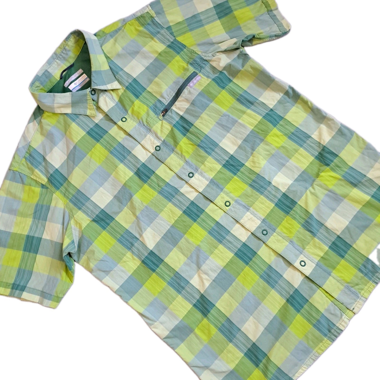 Columbia Men\'s Shirt Large Green Plaid Short Sleeve Hiking Performance 