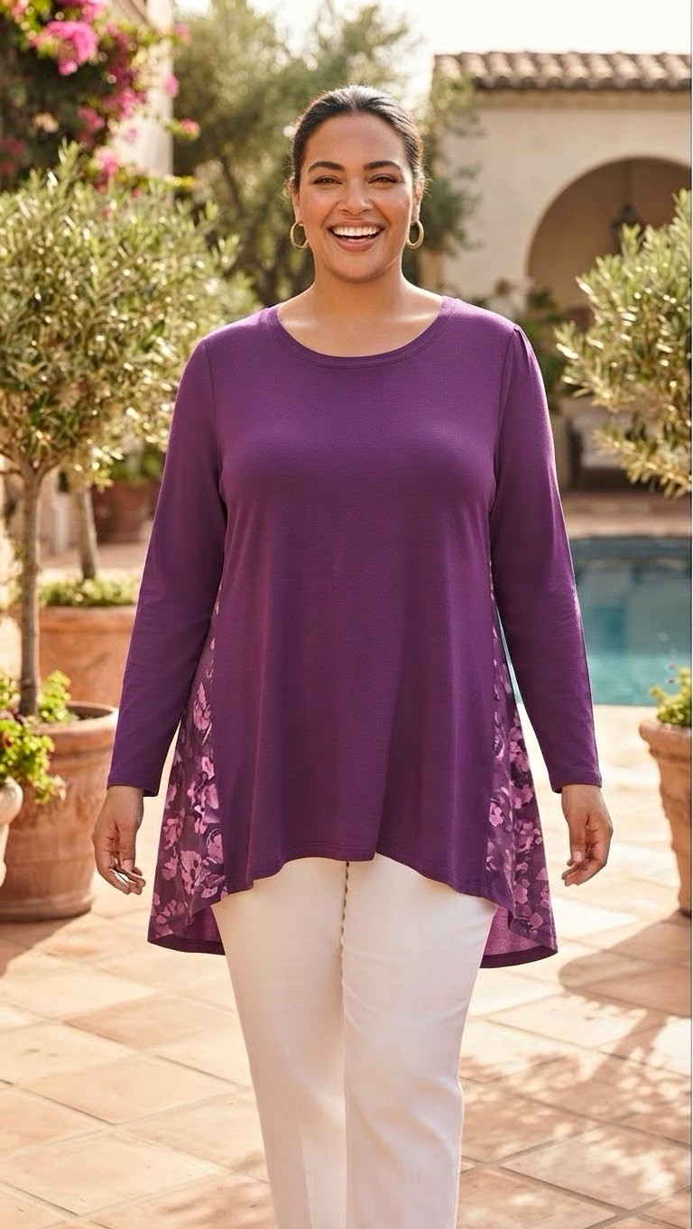 LOGO® by Lori Goldstein Women’s Mixed Media Velour Hem Tunic Purple Size XL New