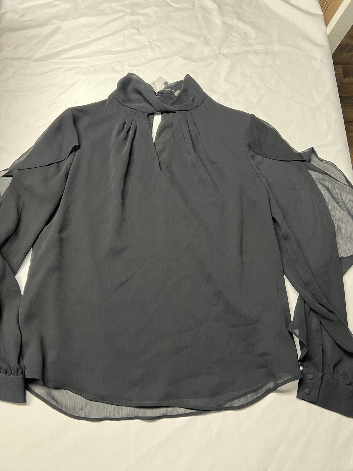 The Limited Fashion Fusion Black Sheer Keyhole Tie Neck Blouse Top Size S NWT