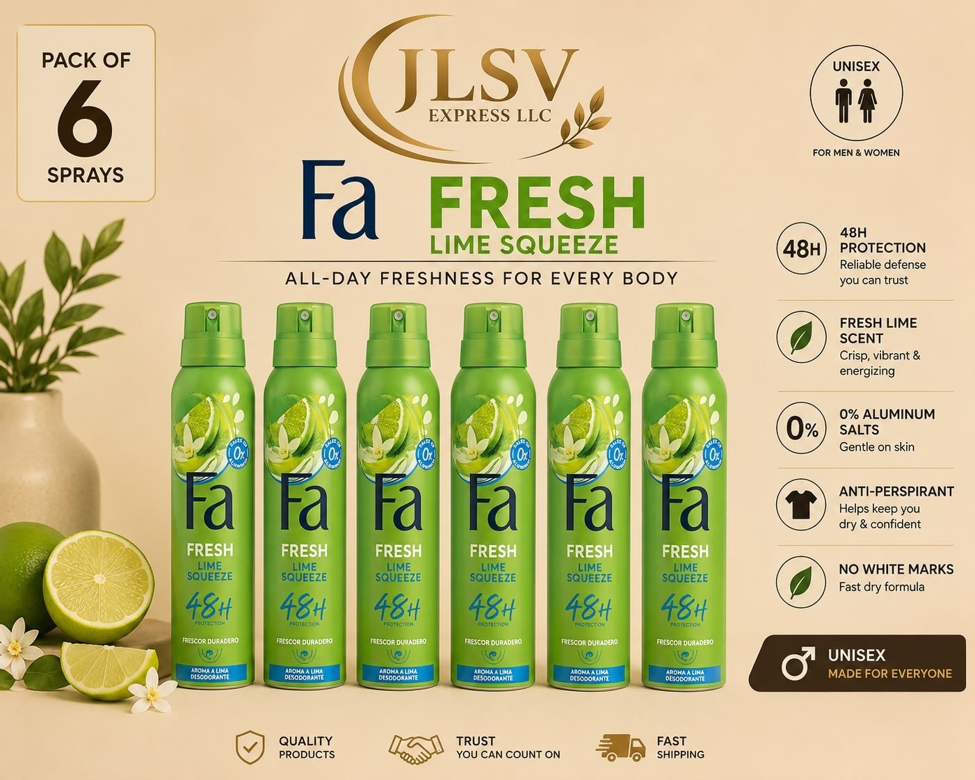 6-Pack Fa Fresh Lime Squeeze Deodorant Spray 150ml (5.07 oz)48H Fresh Protection