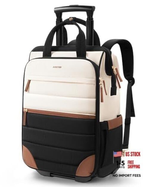 Rolling Puffer Backpack for Women, Travel Backpack with Wheels, 16 Beige Brown
