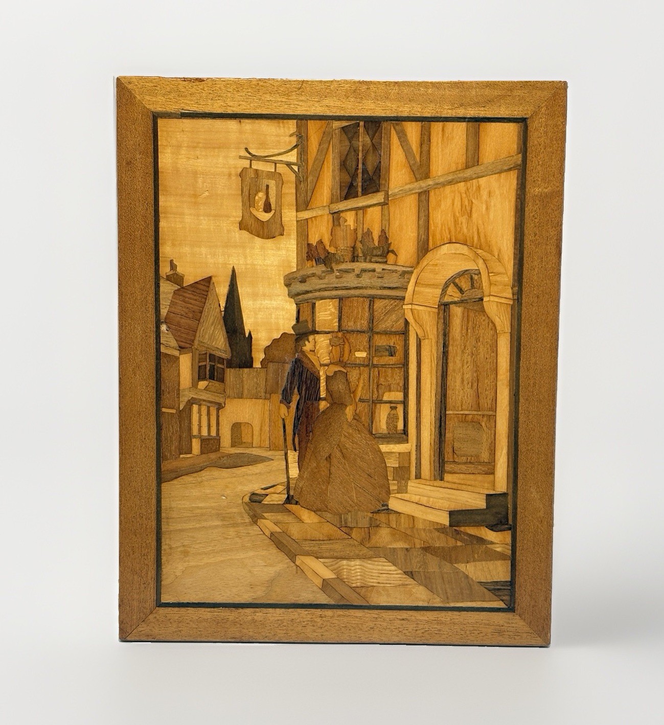 VTG Wood Marquetry Inlay Wall Art Picture Old Curiosity Shop Tudor Scene Chip