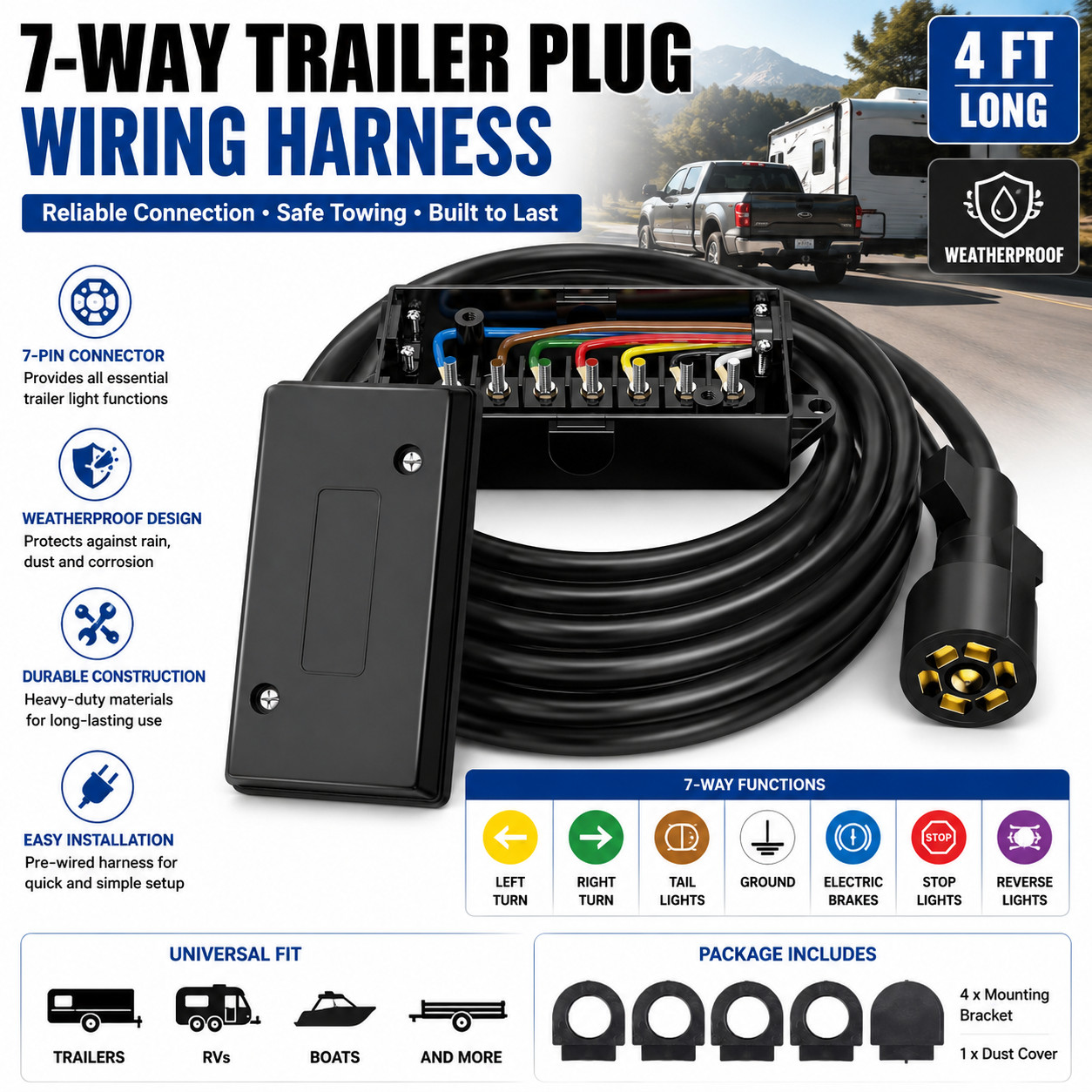 7-Way Trailer Plug 7 Pin Trailer Weatherproof Trailer Wiring Harness Connector