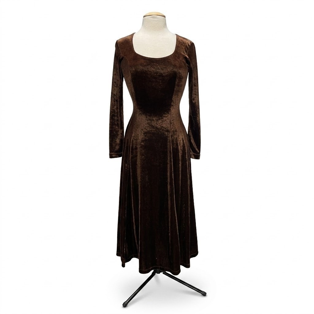 VTG Brown Velvet Long Sleeve Maxi Dress Sz S Ethereal Whimsigoth Romantic Witchy