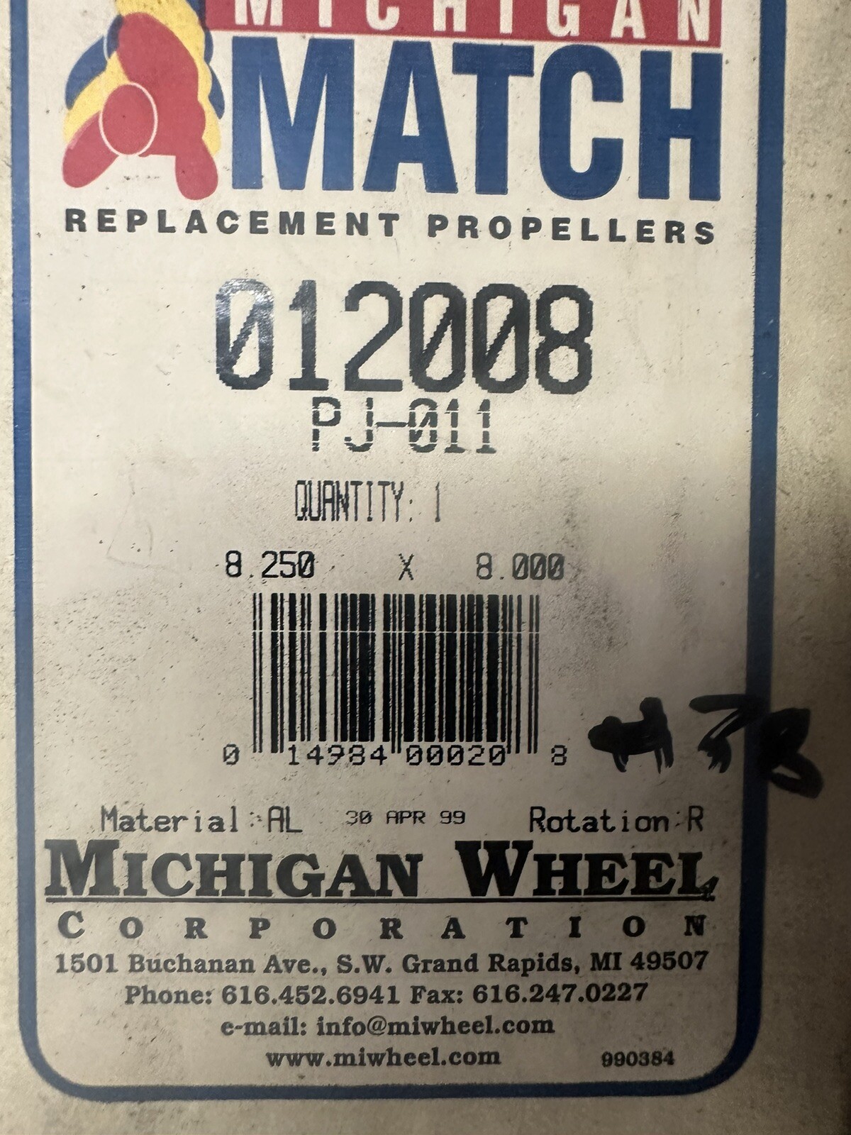 NEW OLD STOCK Michigan Wheel 012008 8-1/4 x 8 RH Outboard Propeller NEW OLD STOCK Michigan Wheel 012008 8-1/4 x 8 RH Outboard Propeller