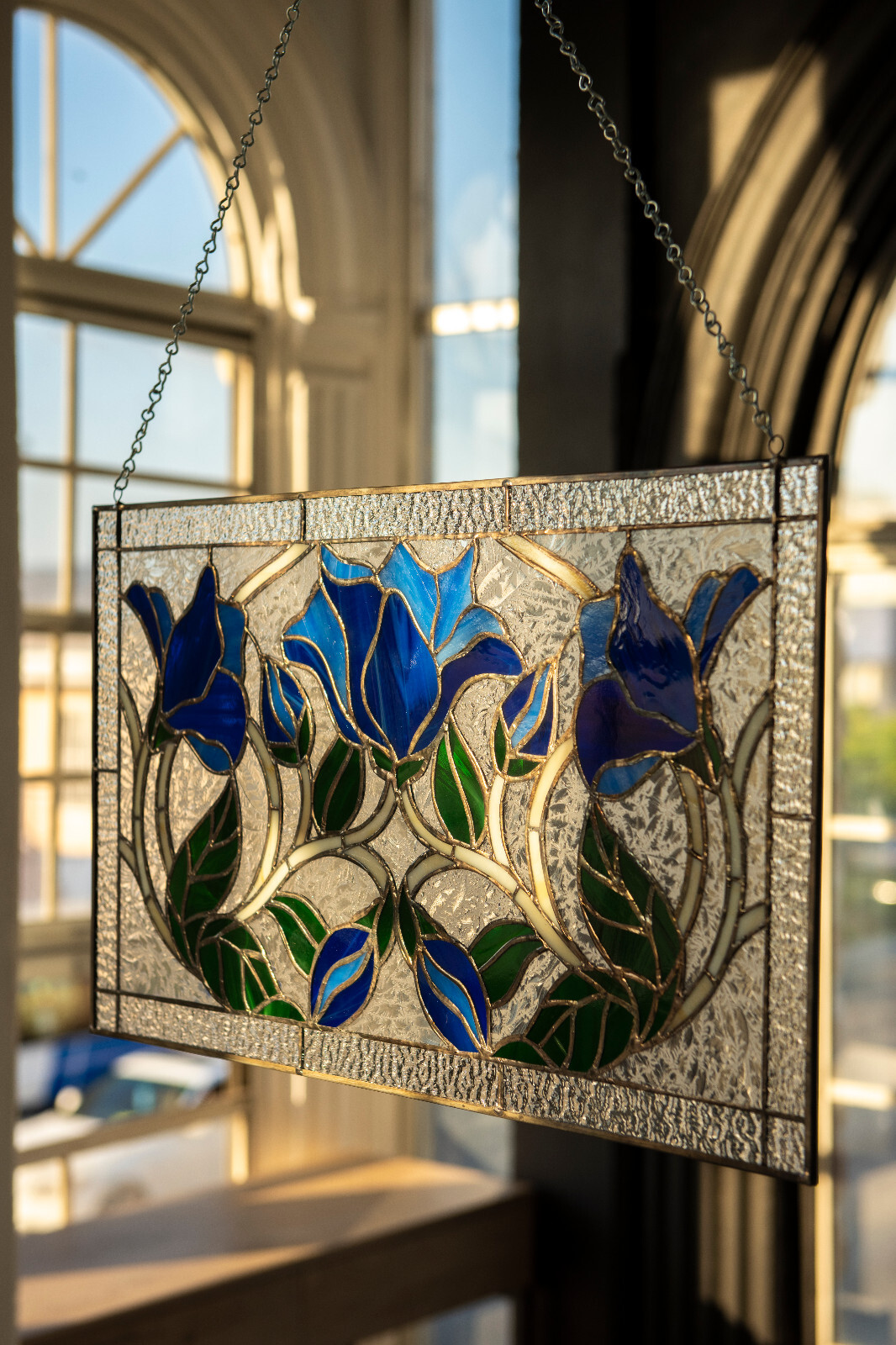 Knightshayes Flowers Vines Handcrafted Pieces Tiffany Stained Glass 21x12 in