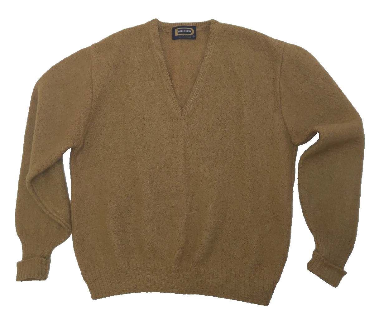 DRUMMOND M Sweater Gold Mohair Wool V-Neck Vtg Fuzzy Boucle Mens