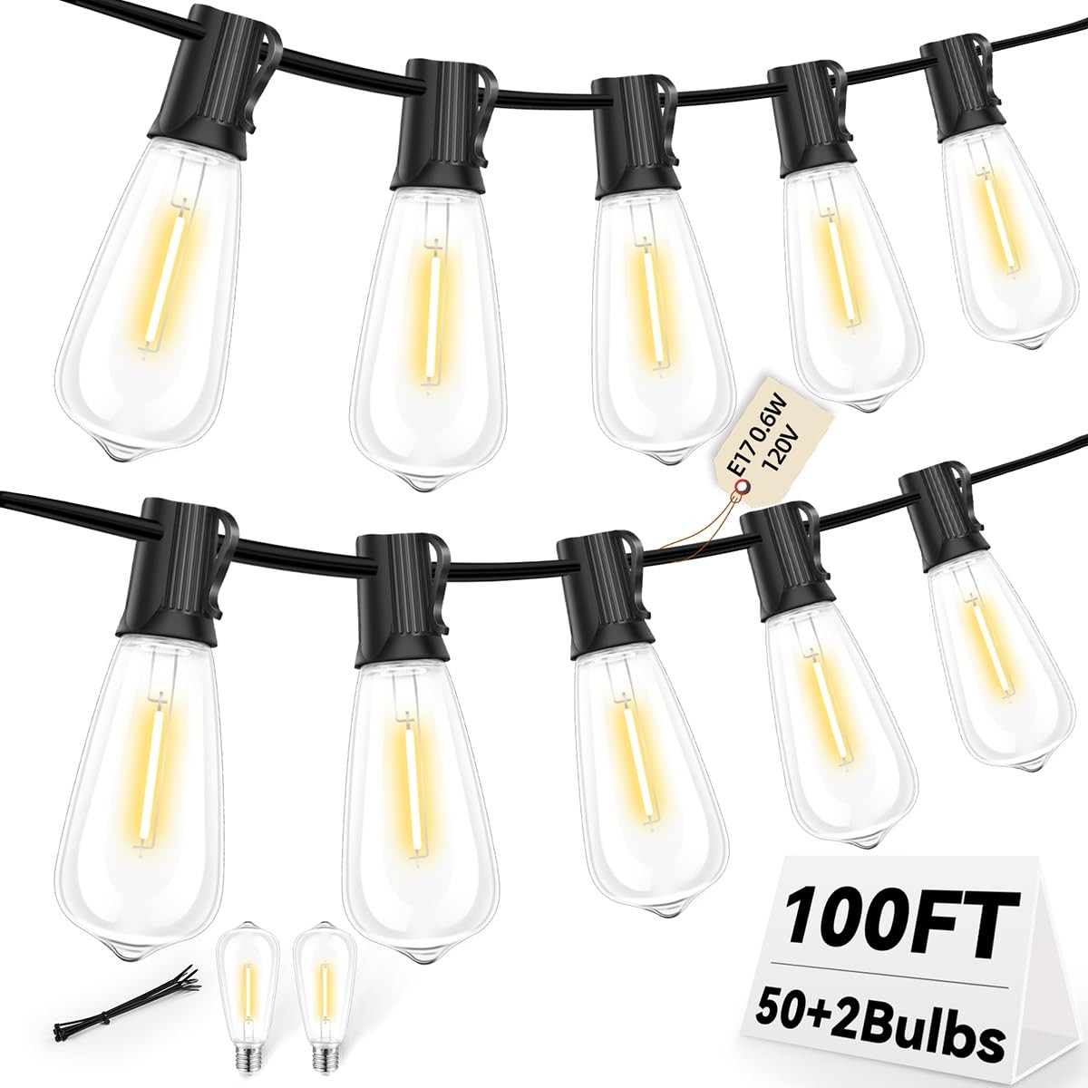 ST40 LED Outdoor String Lights 100FT with 50+2 Bulbs, E17 Socket, 0.6W, 2700K...