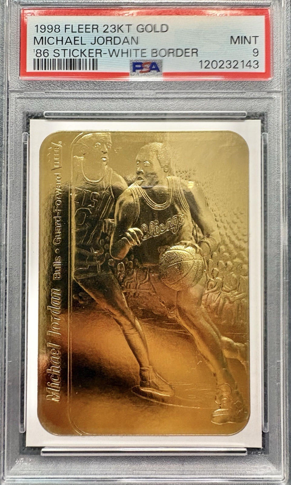 1998 FLEER 23KT GOLD MICHAEL JORDAN \'86 STICKER-WHITE BORDER PSA 9 1998 FLEER 23KT GOLD MICHAEL JORDAN \'86 STICKER-WHITE BORDER PSA 9