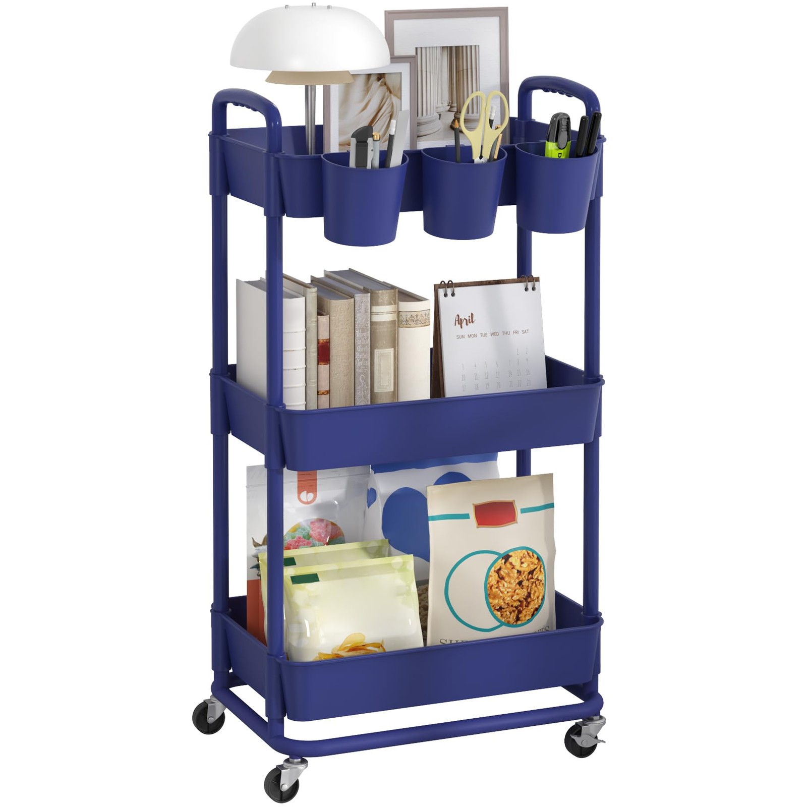 JIUYOTREE 3-Tier Plastic Rolling Storage Cart Utility Cart with Extra Hanging Cu