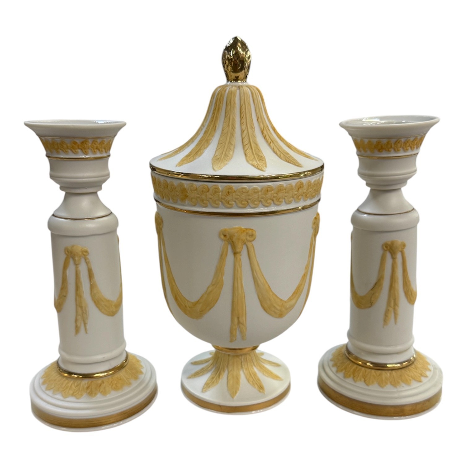 NEOCLASSICAL WEDGWOOD STYLE JASPERWARE URN & CANDLESTICKS RAMS HEADS NEOCLASSICAL WEDGWOOD STYLE JASPERWARE URN & CANDLESTICKS RAMS HEADS